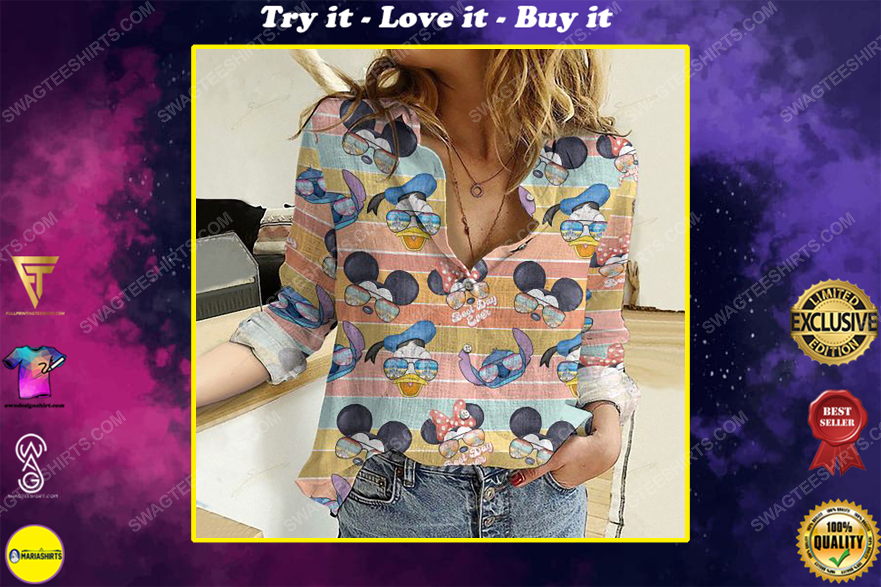 Mickey mouse and donald duck fully printed poly cotton casual shirt