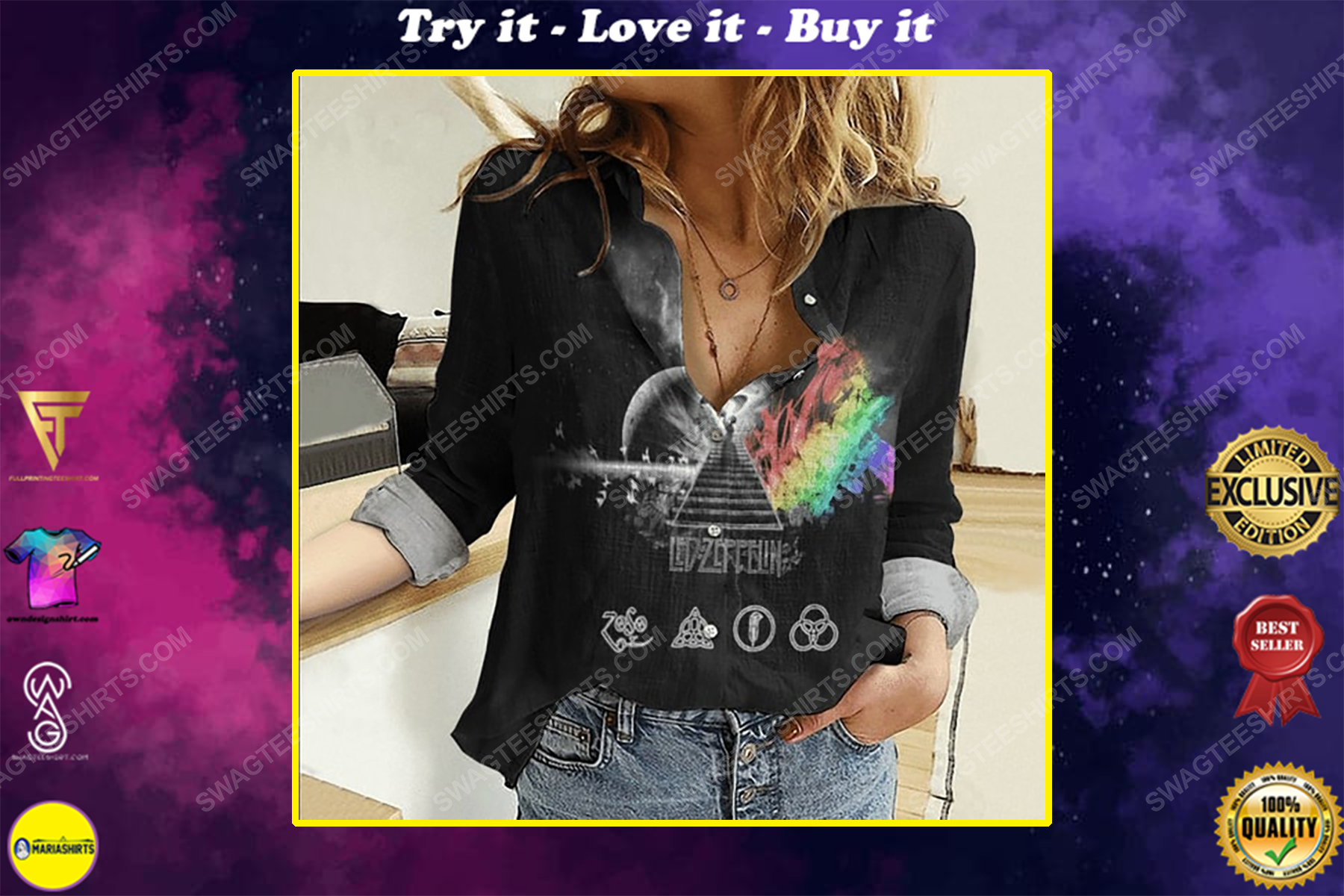 Led zeppelin retro fully printed poly cotton casual shirt