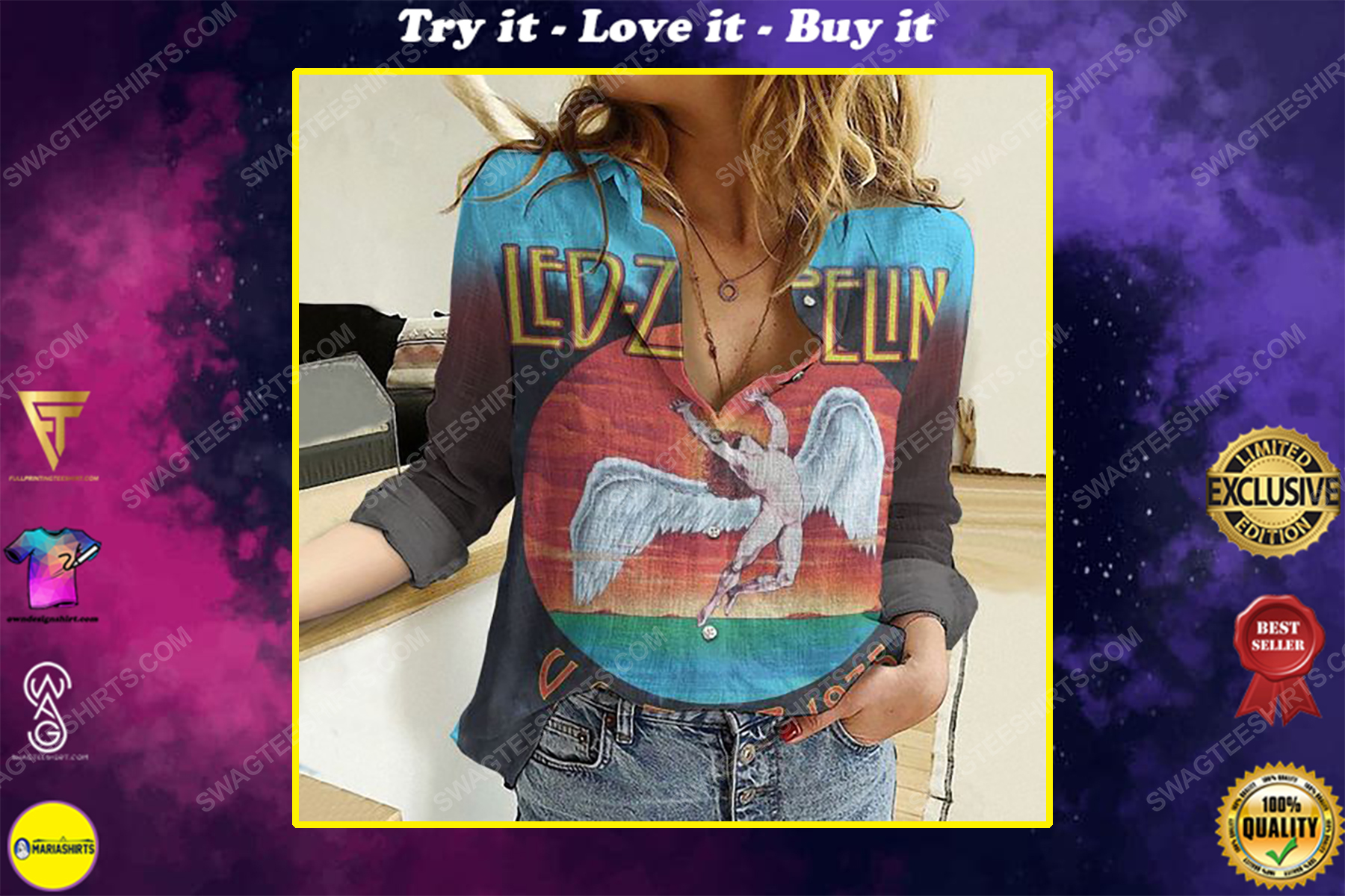 Led zeppelin fully printed poly cotton casual shirt