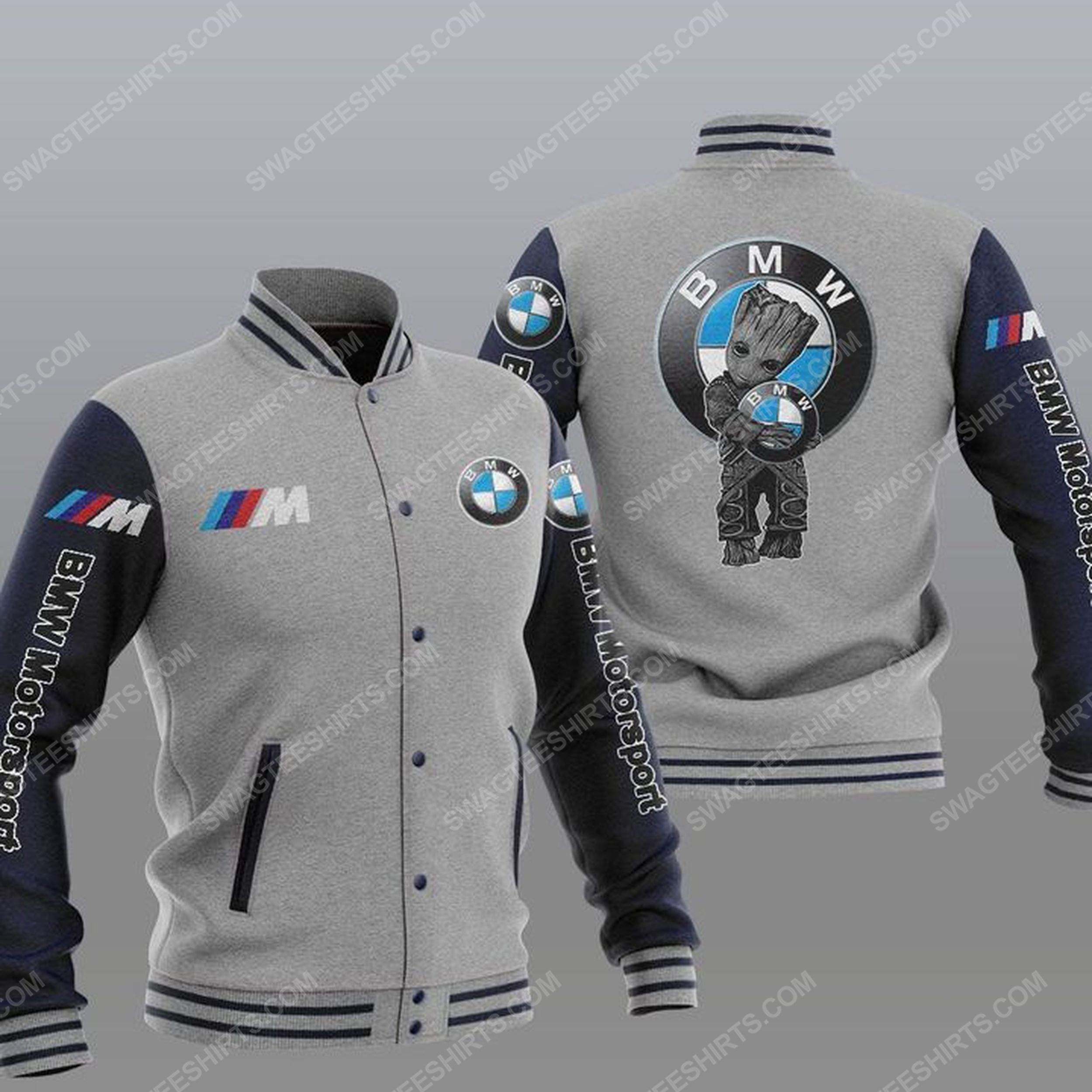 Baby groot and bmw motorsport all over print baseball jacket - gray 1