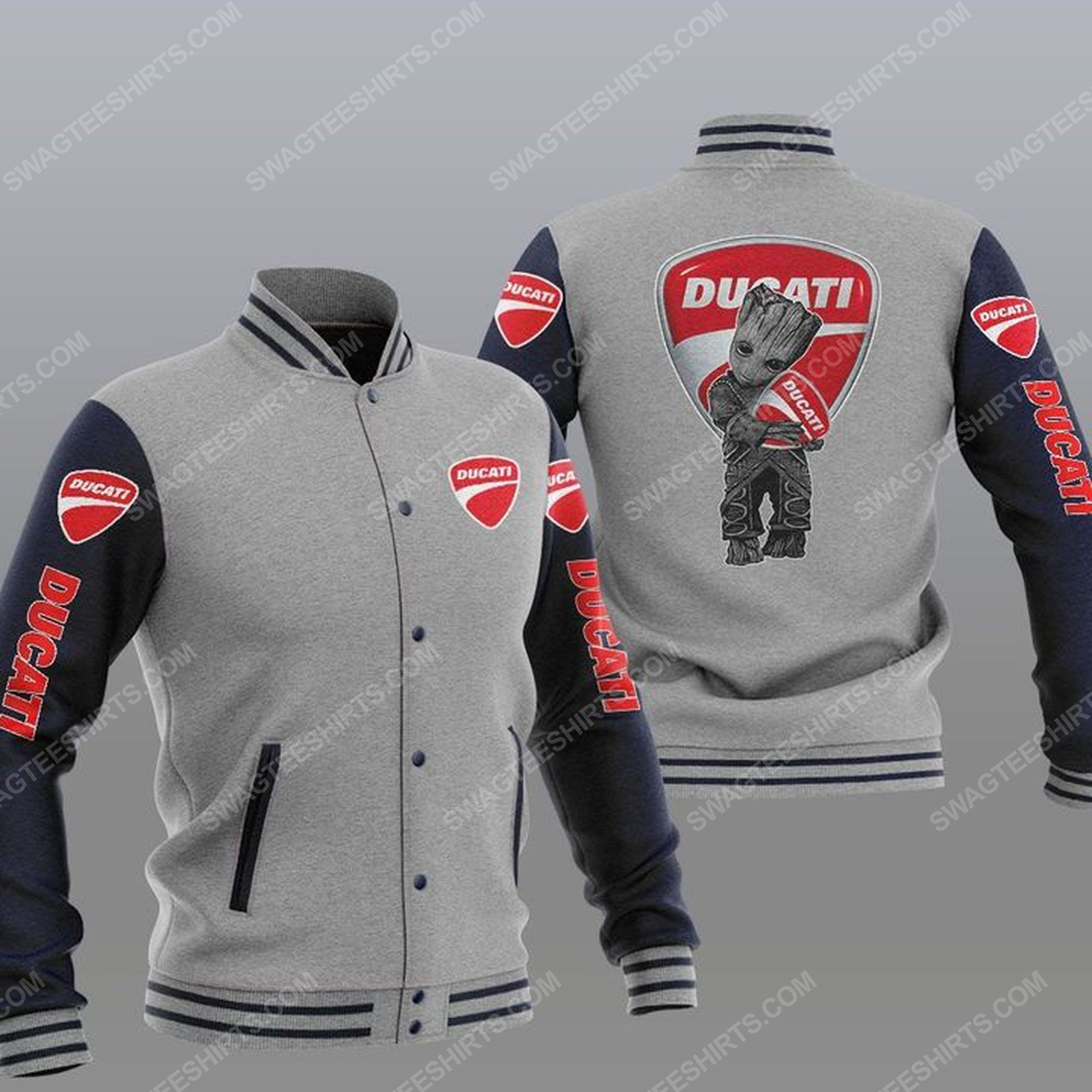 Baby groot and ducati all over print baseball jacket - gray 1
