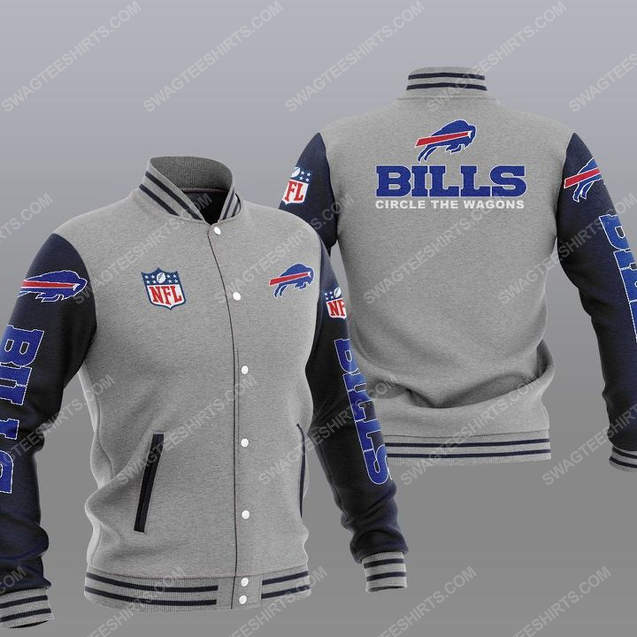 Buffalo bills circle the wagons all over print baseball jacket - gray 1