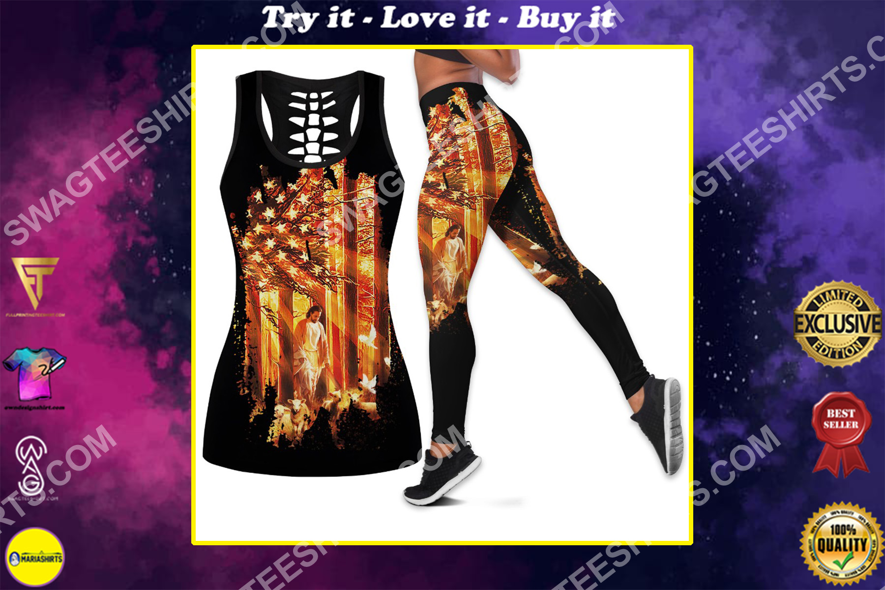 Christian Jesus and american flag all over printed set sports outfit