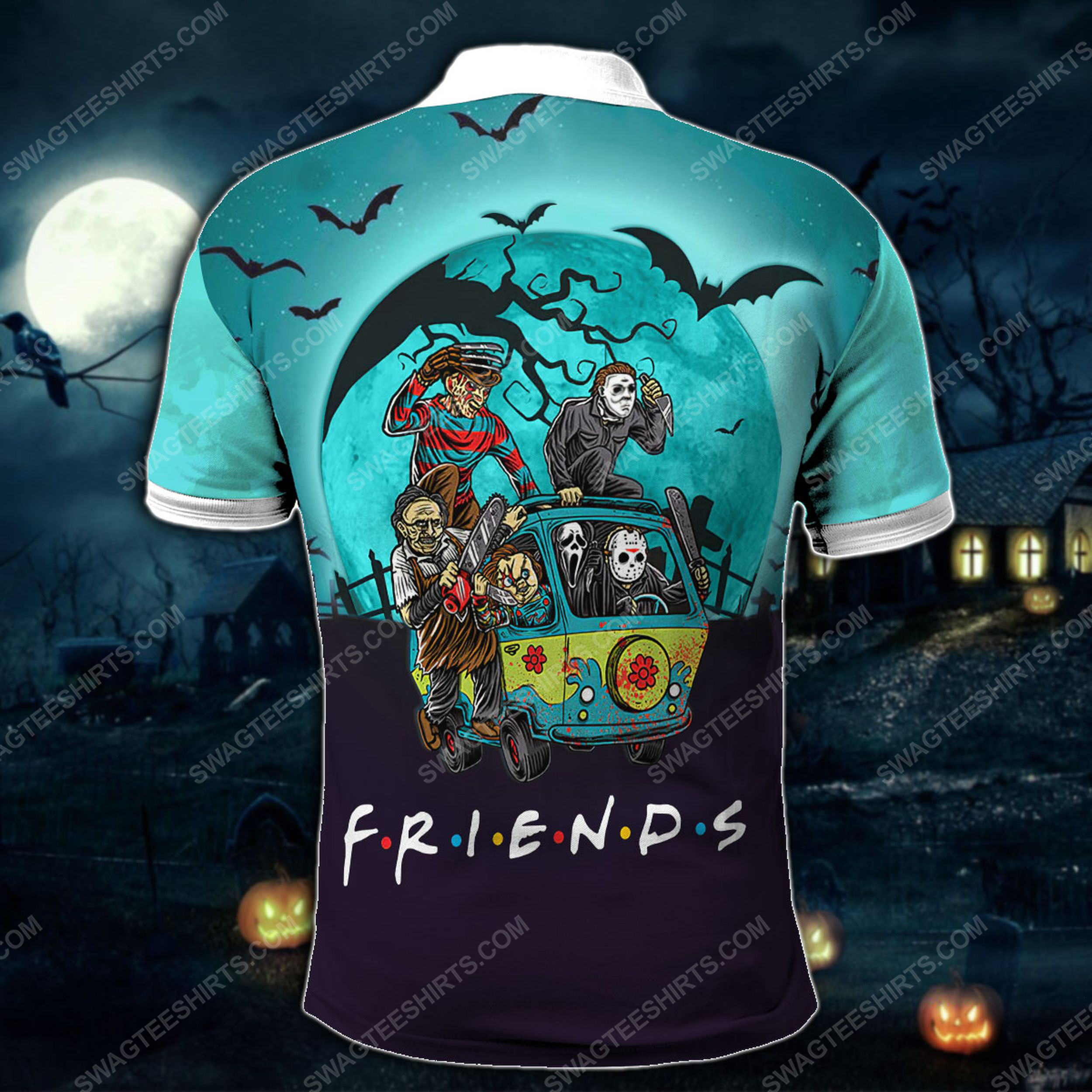 Halloween night horror movie villains friends tv show all over print polo shirt 1(1)