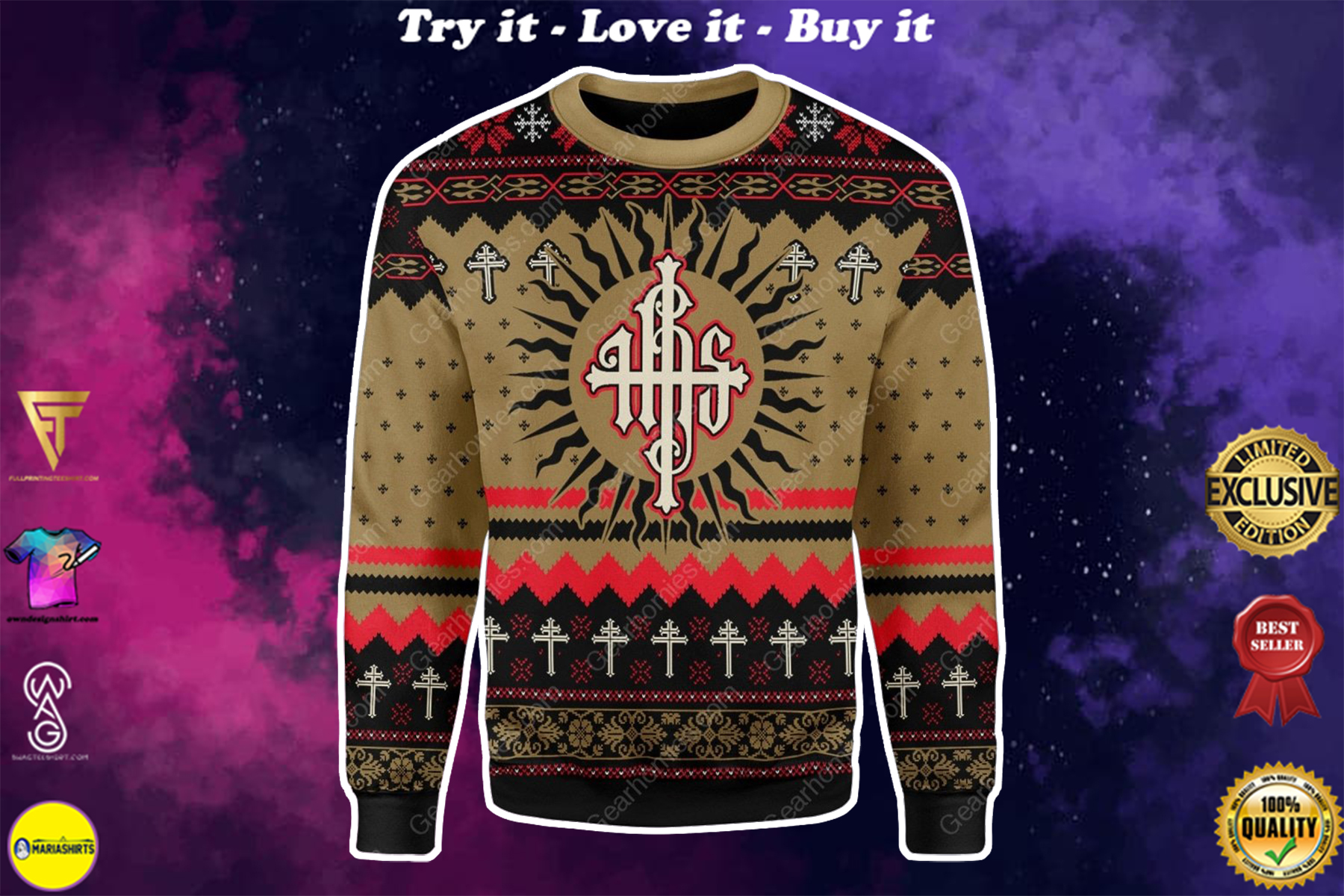 Jesus ihs all over printed ugly christmas sweater
