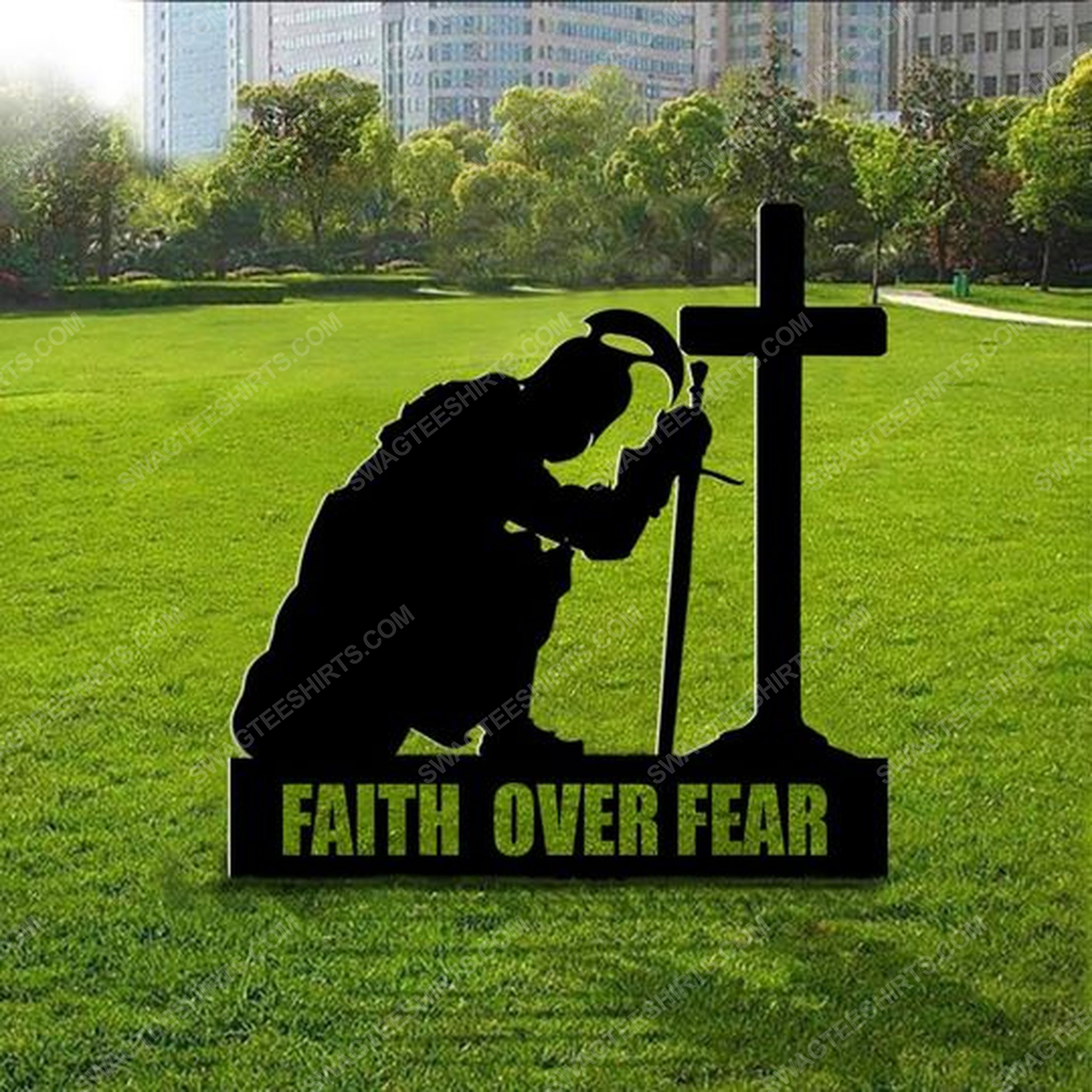 Patriotic christian spartan kneeling cross faith over fear yard sign 2(1)