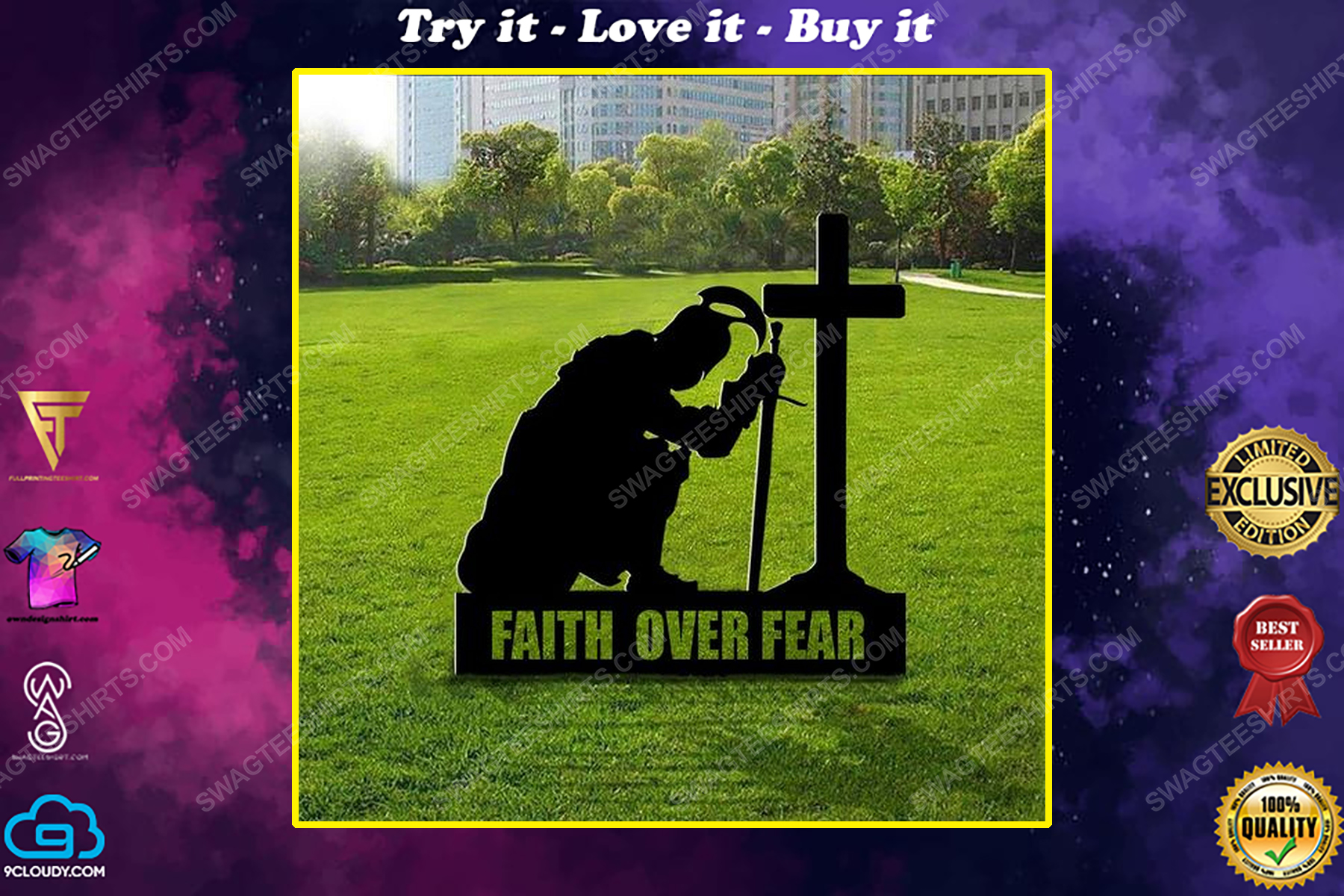 Patriotic christian spartan kneeling cross faith over fear yard sign
