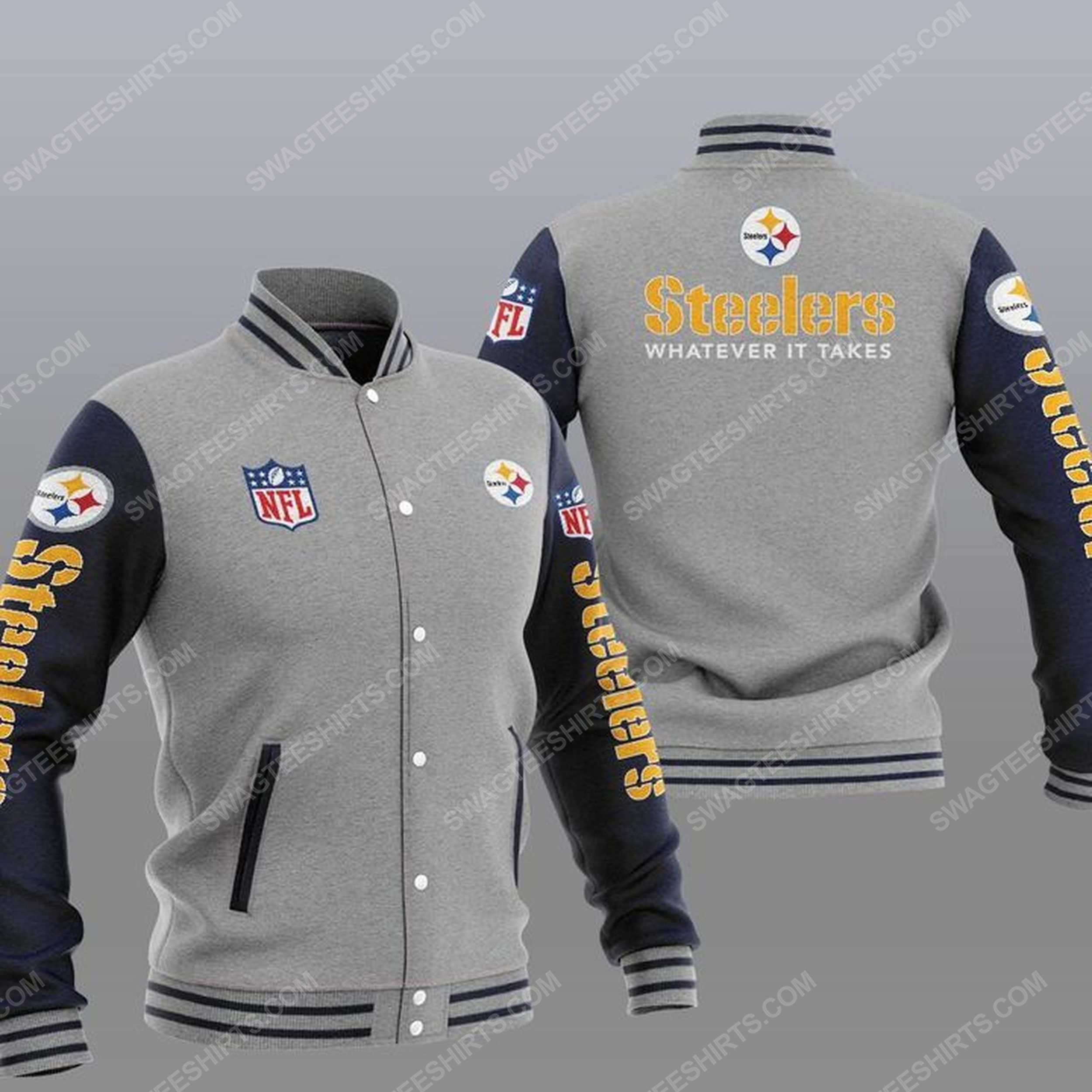 Pittsburgh steelers whatever it takes all over print baseball jacket - gray 1