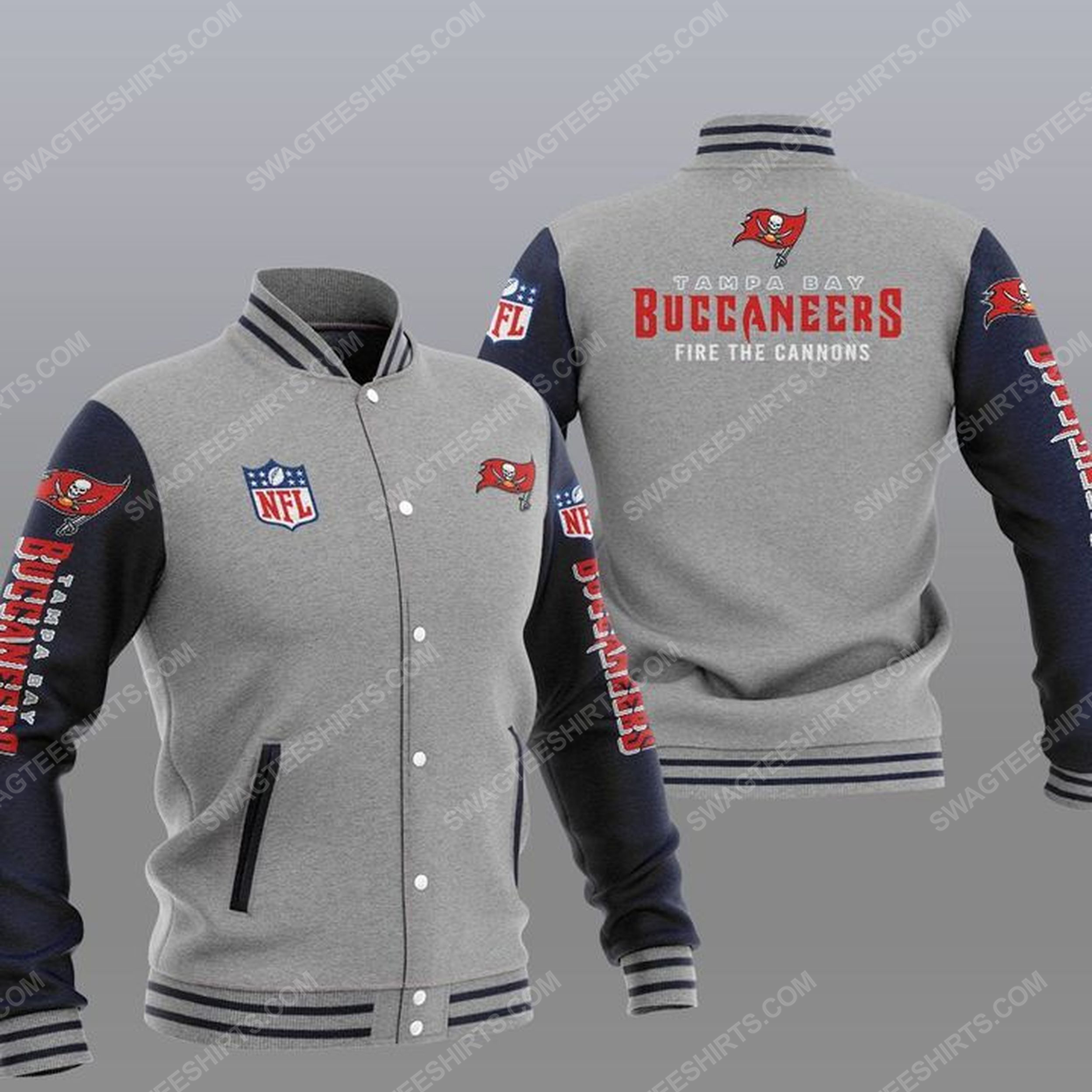 Tampa bay buccaneers fire the cannons all over print baseball jacket - gray 1