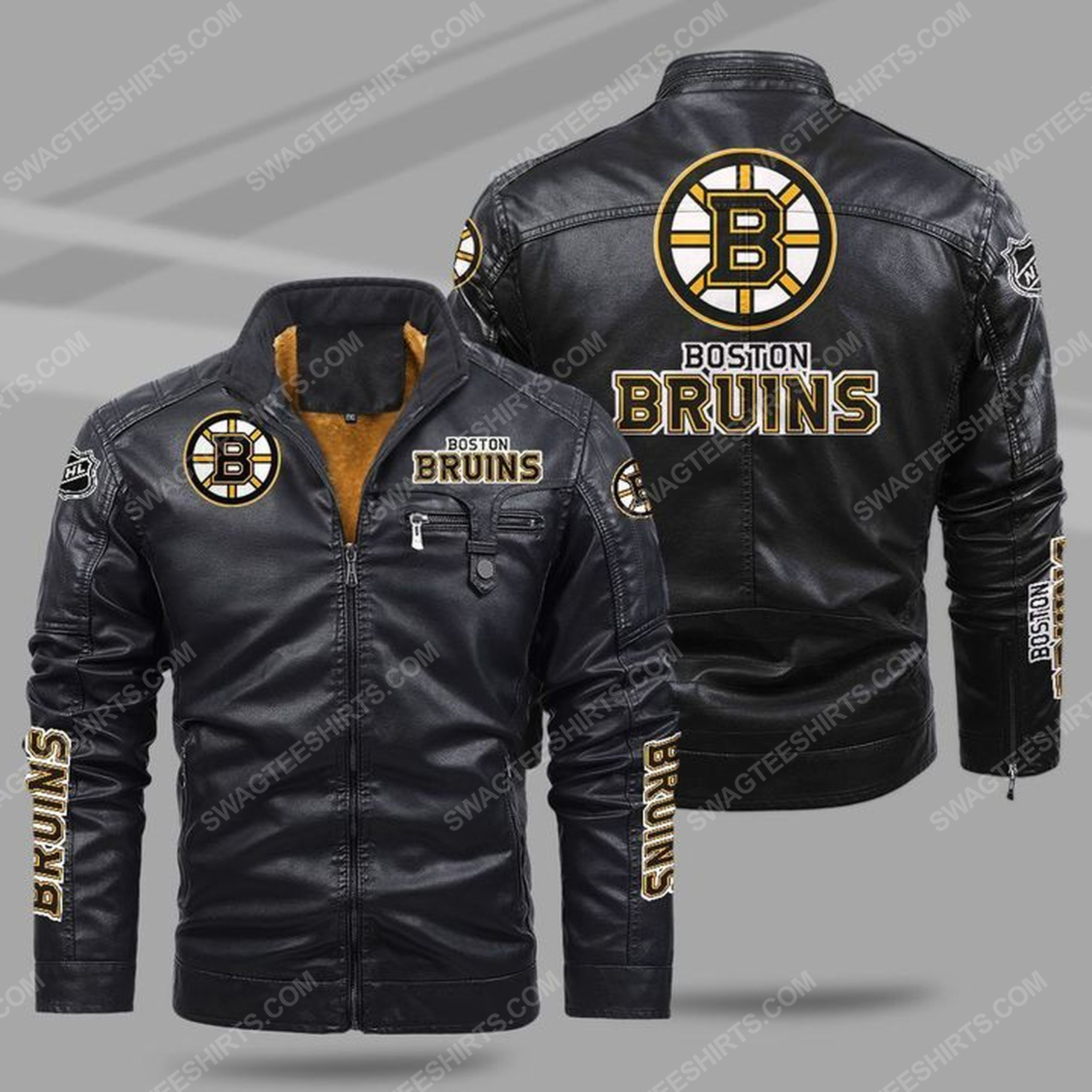 The boston bruins nhl all over print fleece leather jacket - black 1 - Copy