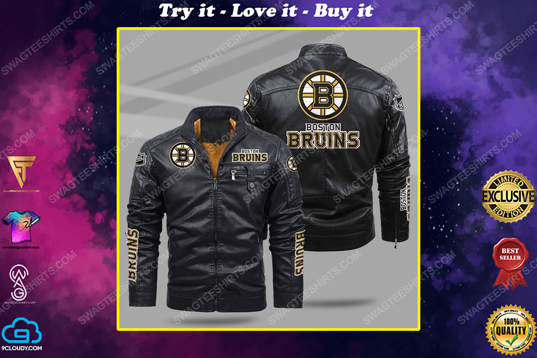 The boston bruins nhl all over print fleece leather jacket