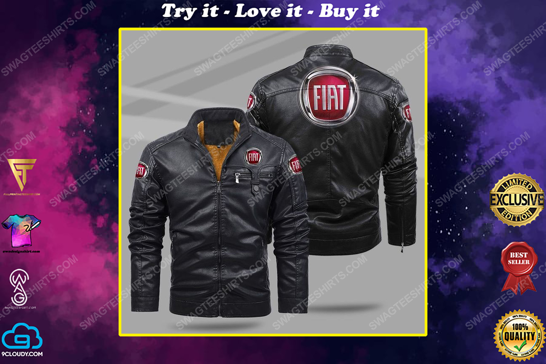 The fiat car all over print fleece leather jacket
