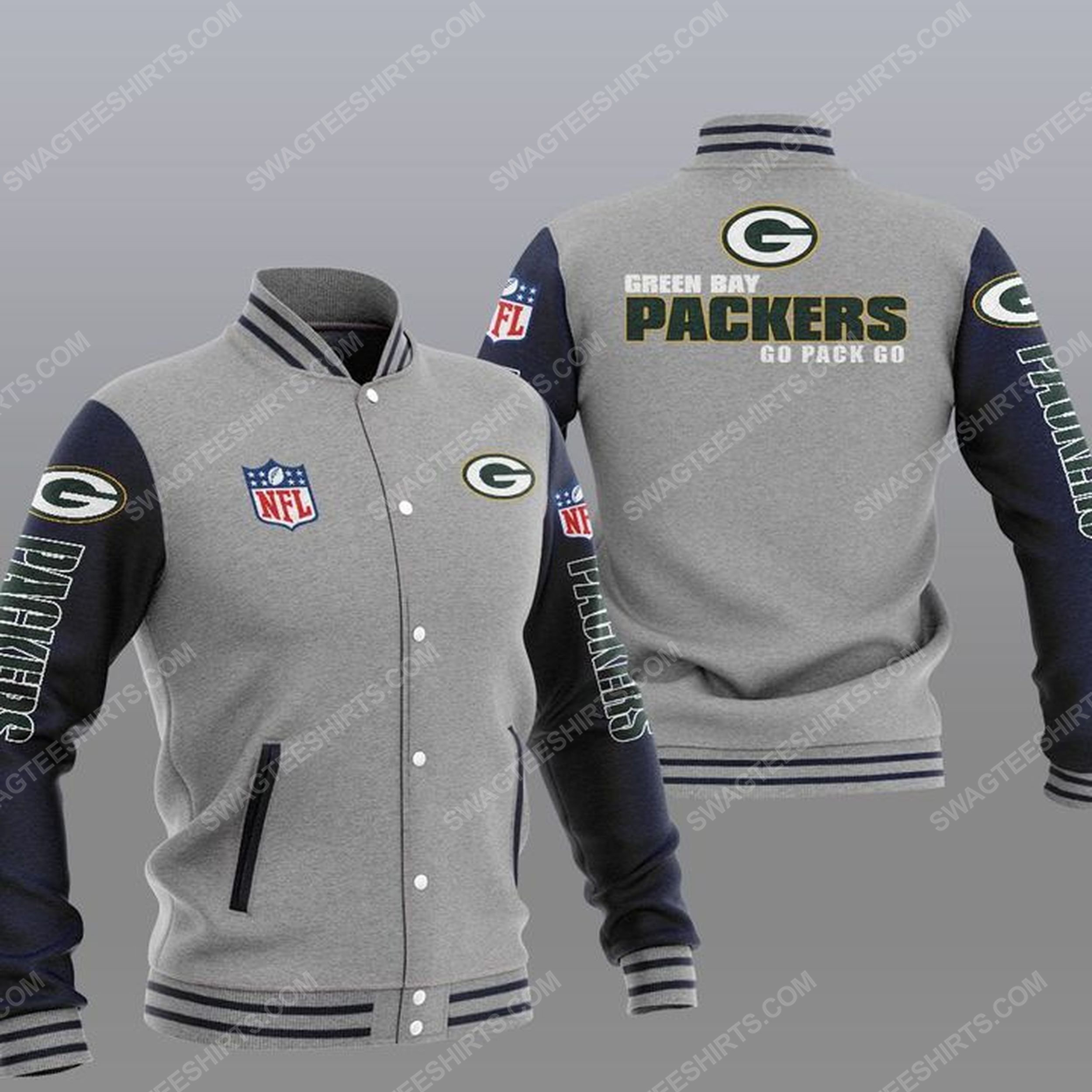 The green bay packers nfl all over print baseball jacket - gray 1
