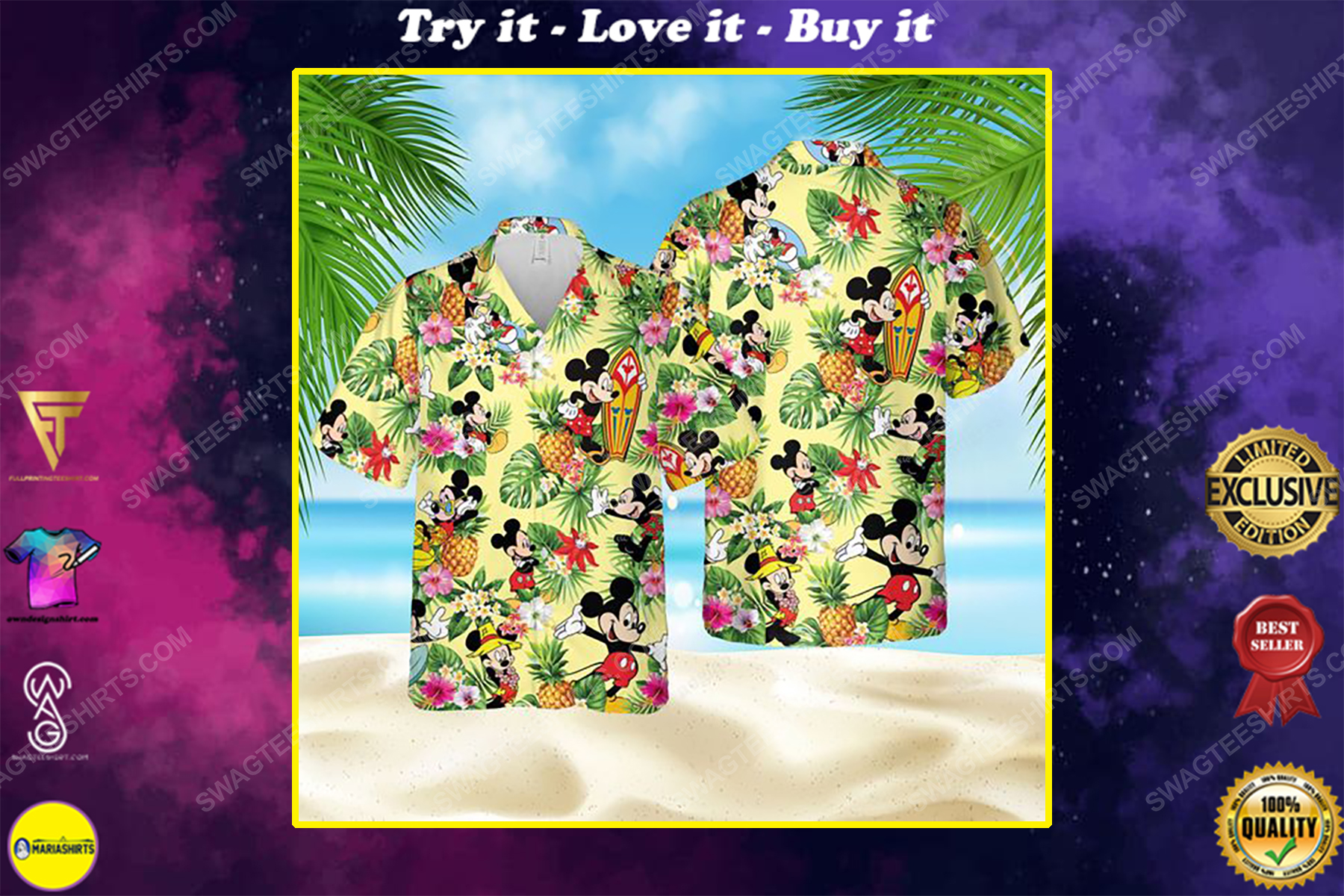 Tropical fruits Mickey mouse surfing summer vibe hawaiian shirt