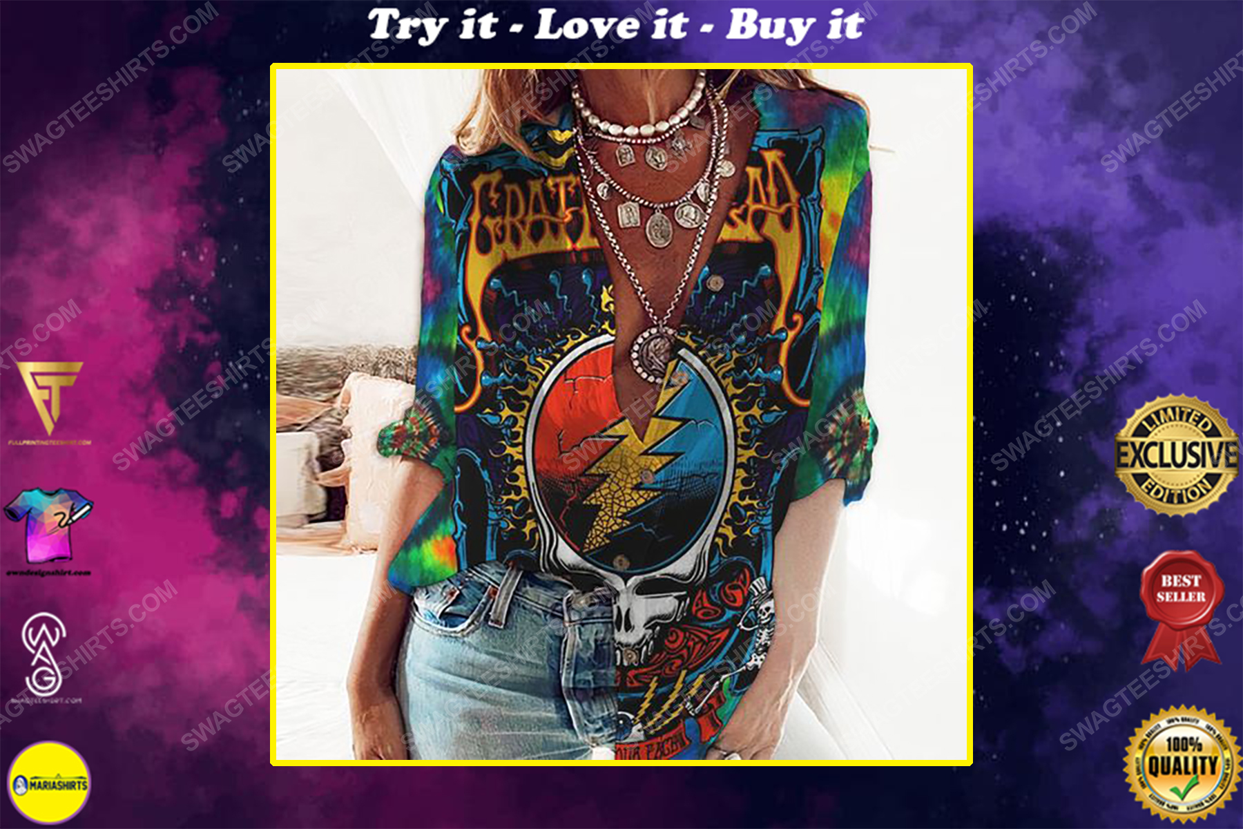 Hippie tie dye grateful dead fully printed poly cotton casual shirt
