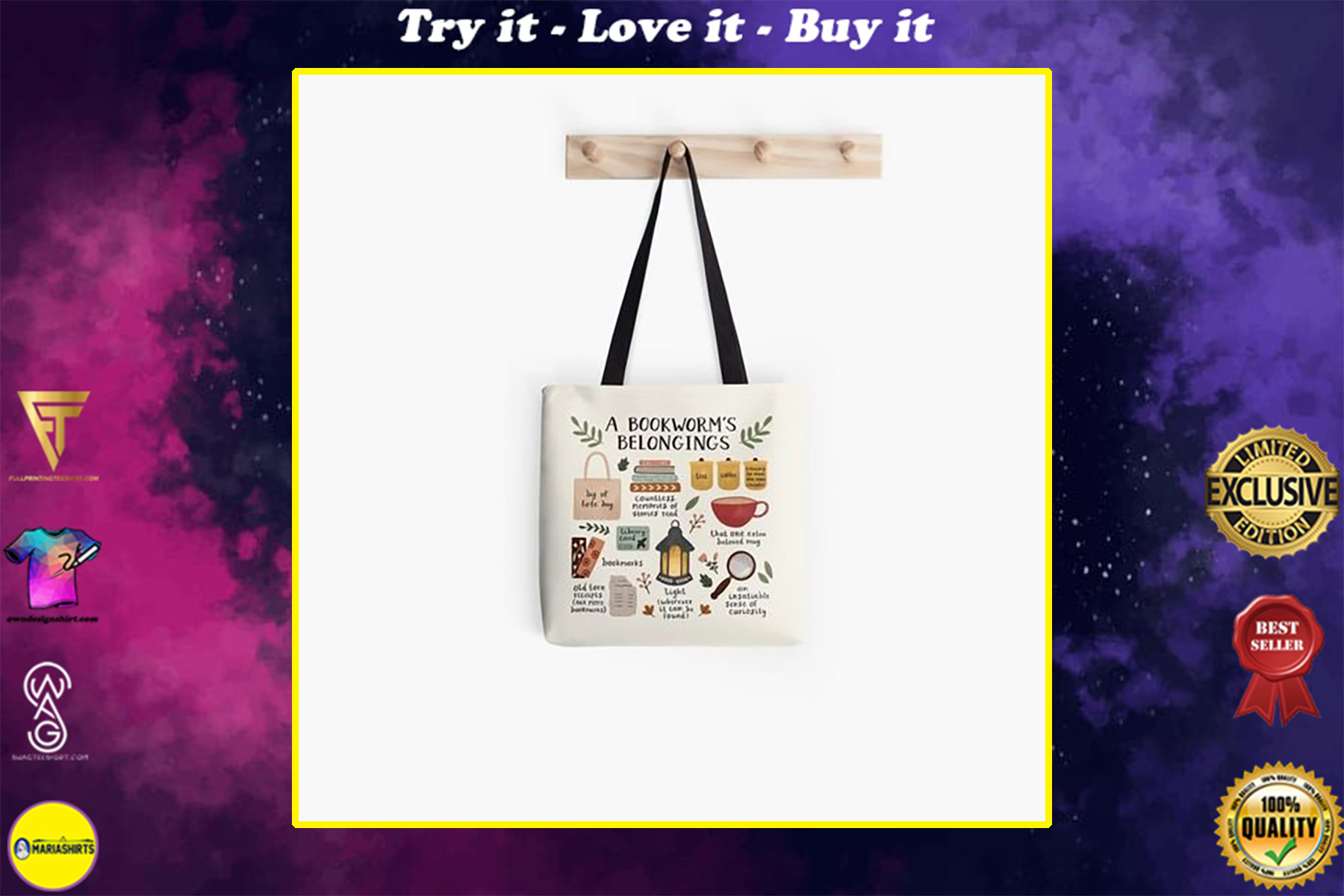 a bookworms belongings all over printed tote bag