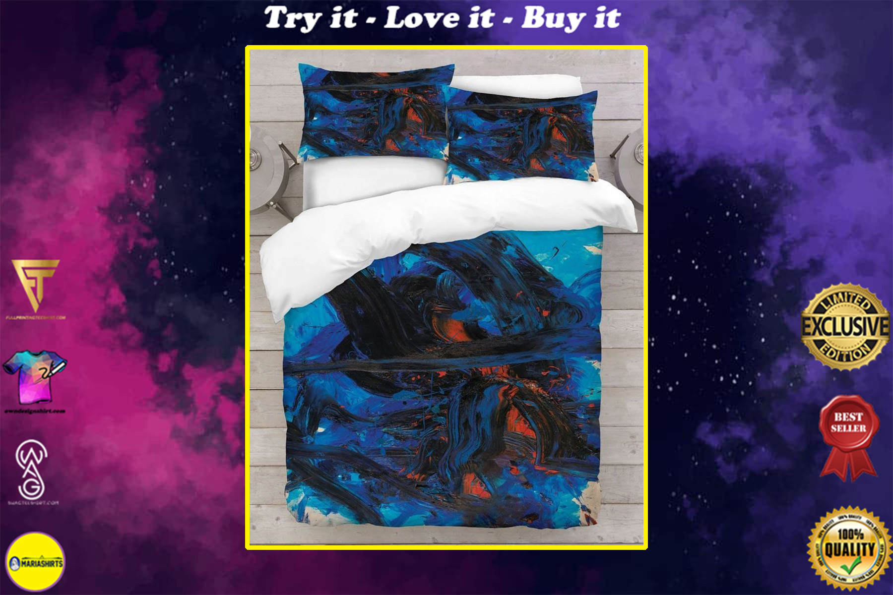 abstract painting blue and black full printing bedding set