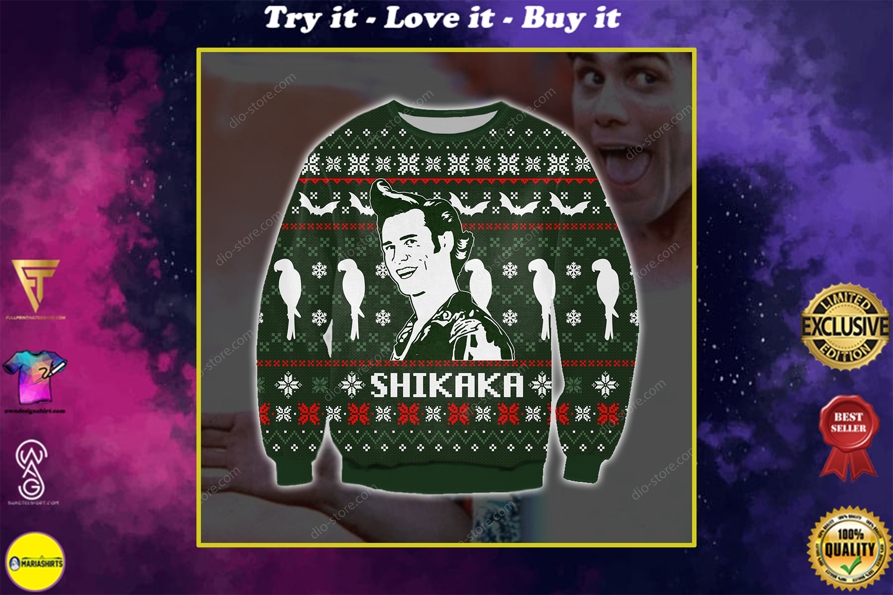 ace ventura shikaka all over printed ugly christmas sweater