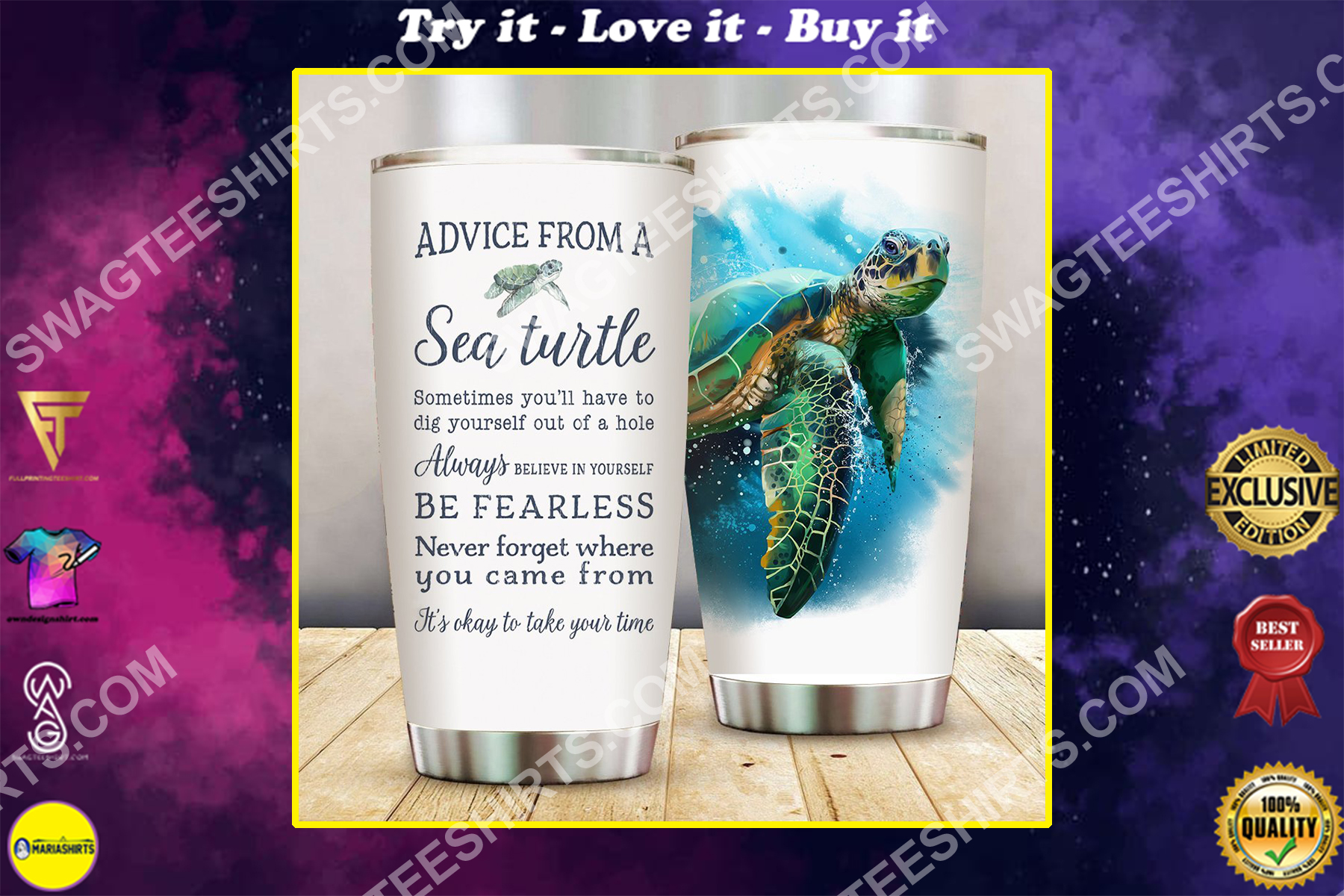 advice from a sea turtle all over printed stainless steel tumbler