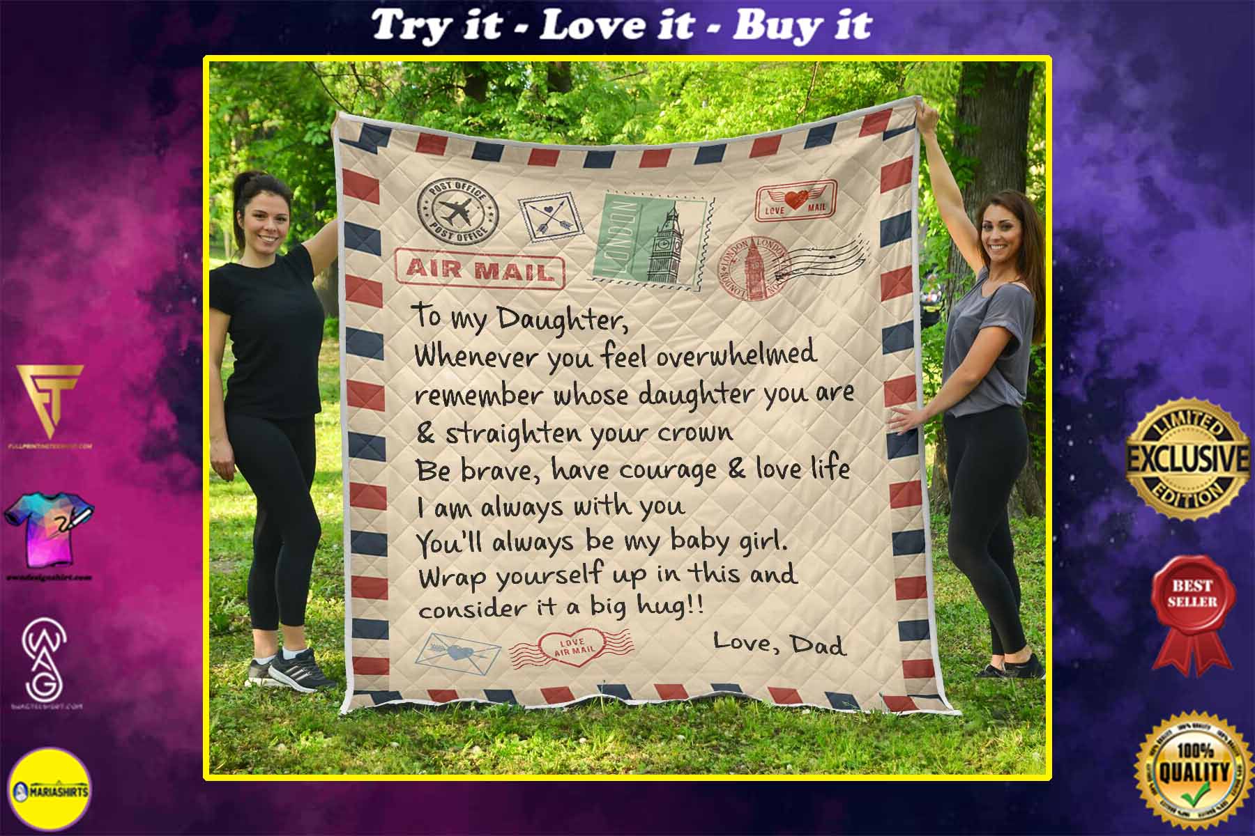 air mail letter to my daughter youll always be my baby girl your dad quilt