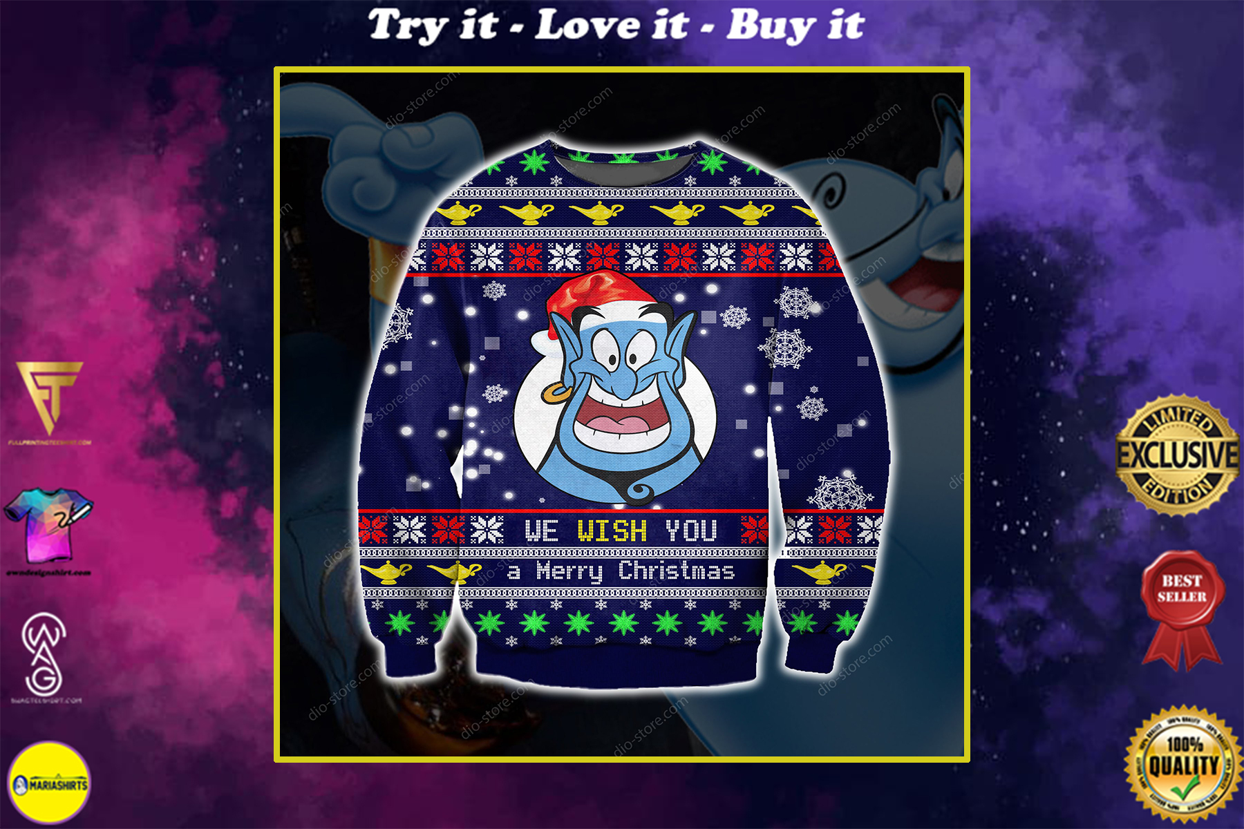 aladdin genie we wish you a merry christmas all over printed ugly christmas sweater