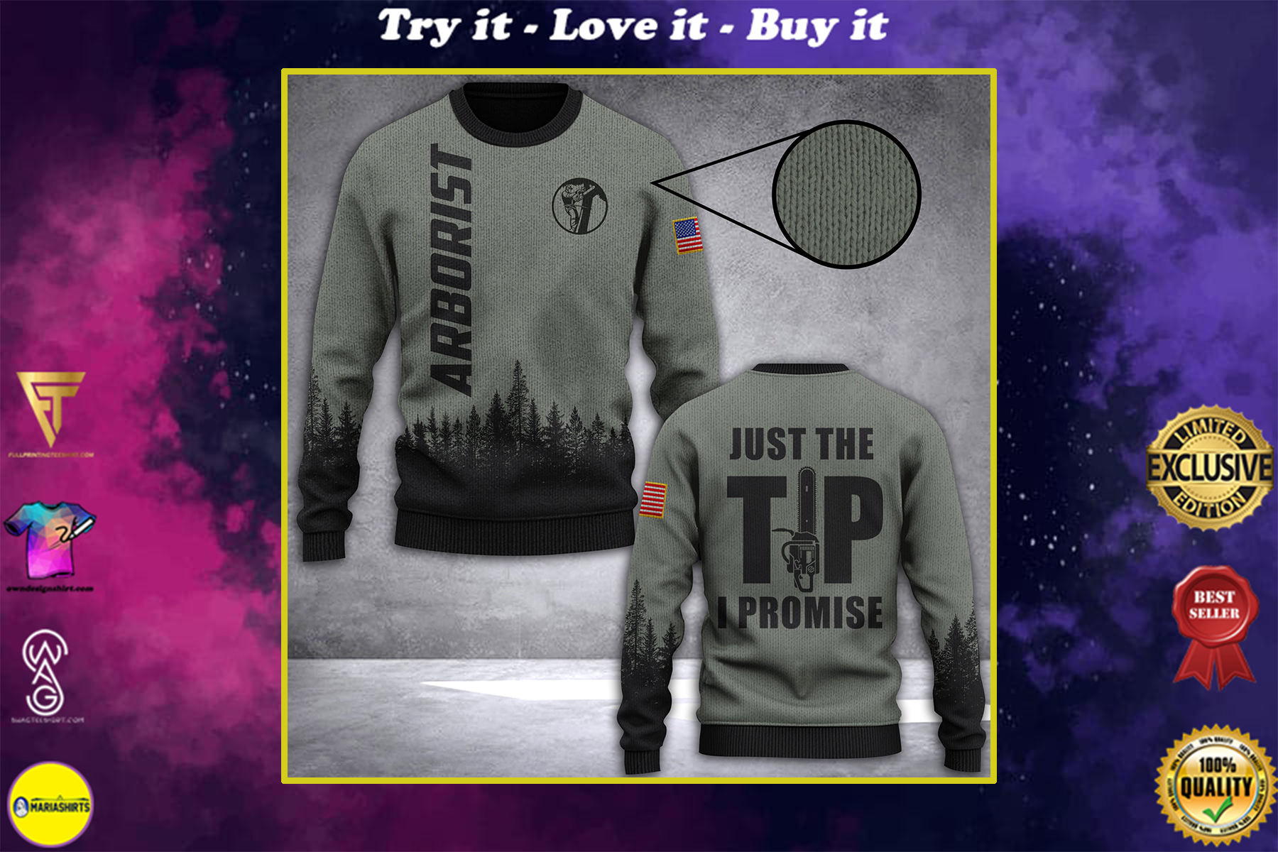 arborist just the tip i promise all over print ugly christmas sweater