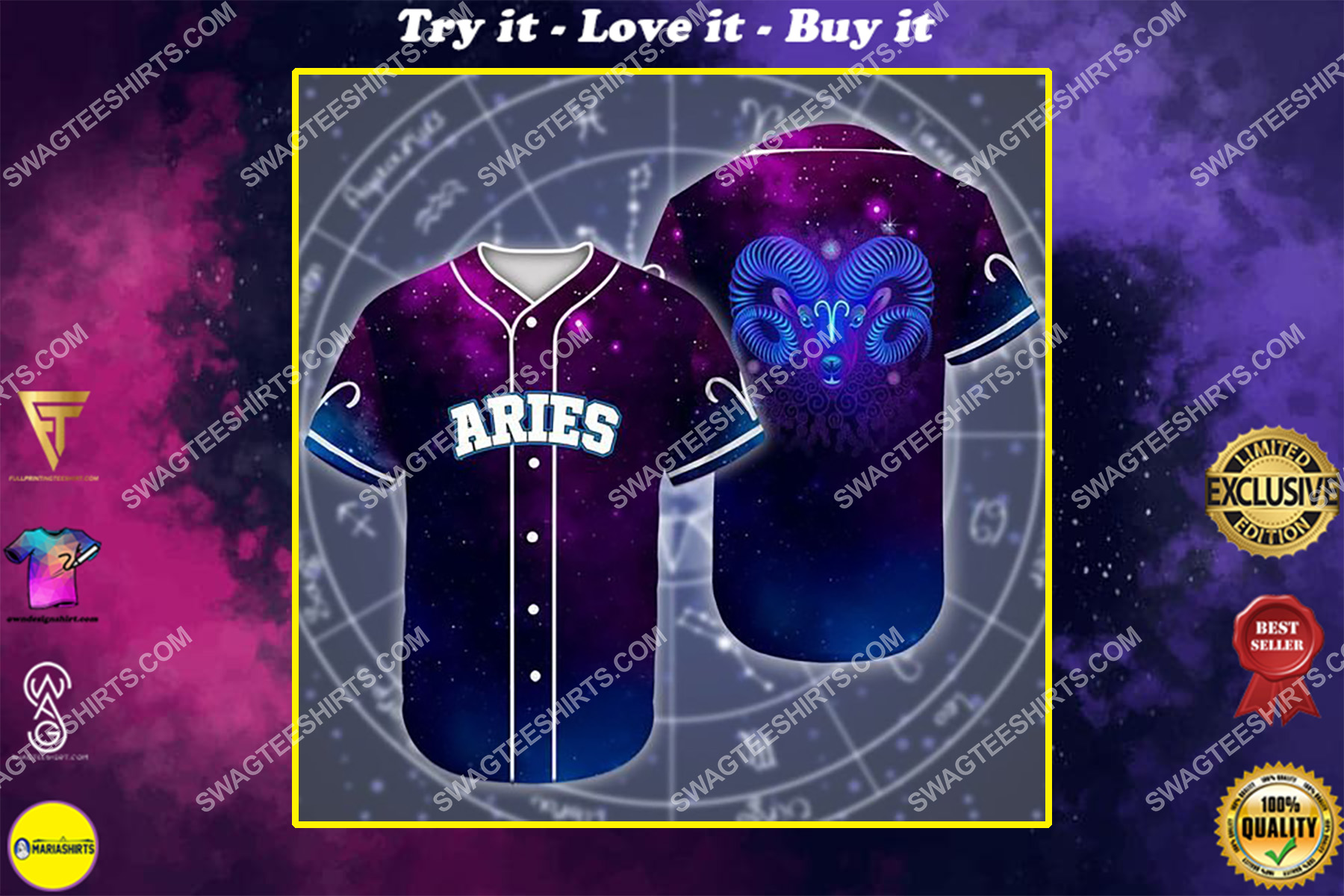 aries galaxy zodiac all over printed baseball shirt