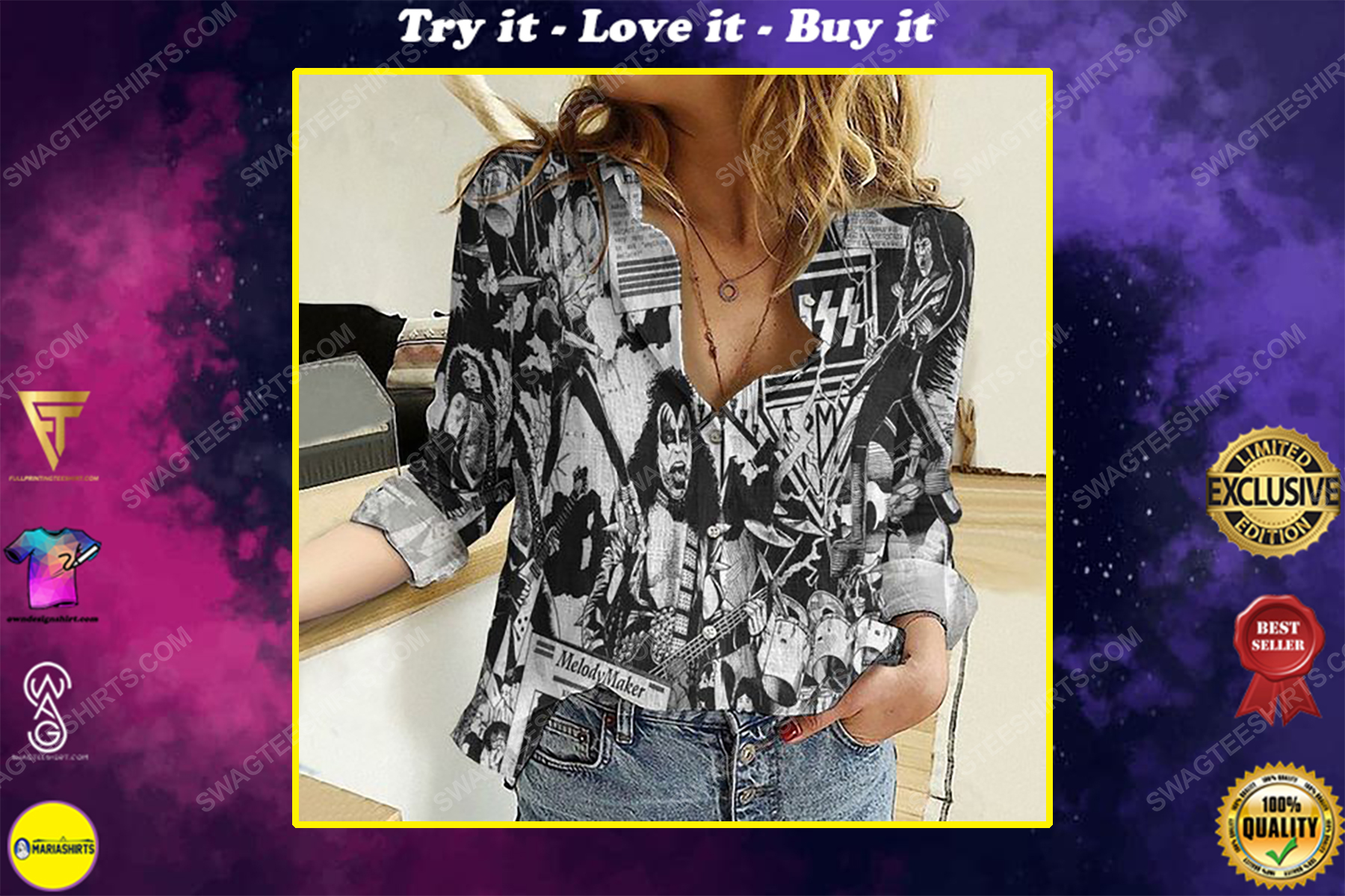 Kiss rock band melody maker fully printed poly cotton casual shirt