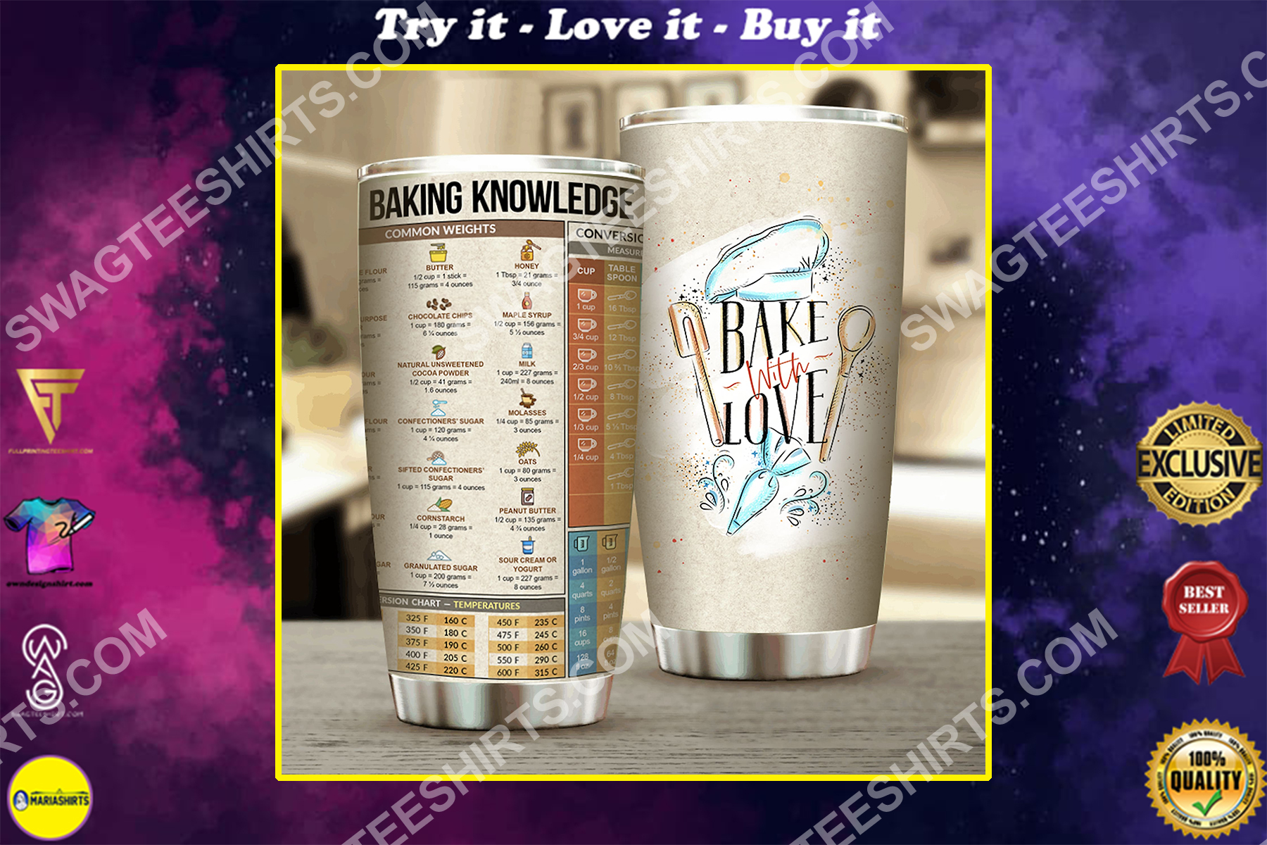 bake with love all over printed stainless steel tumbler