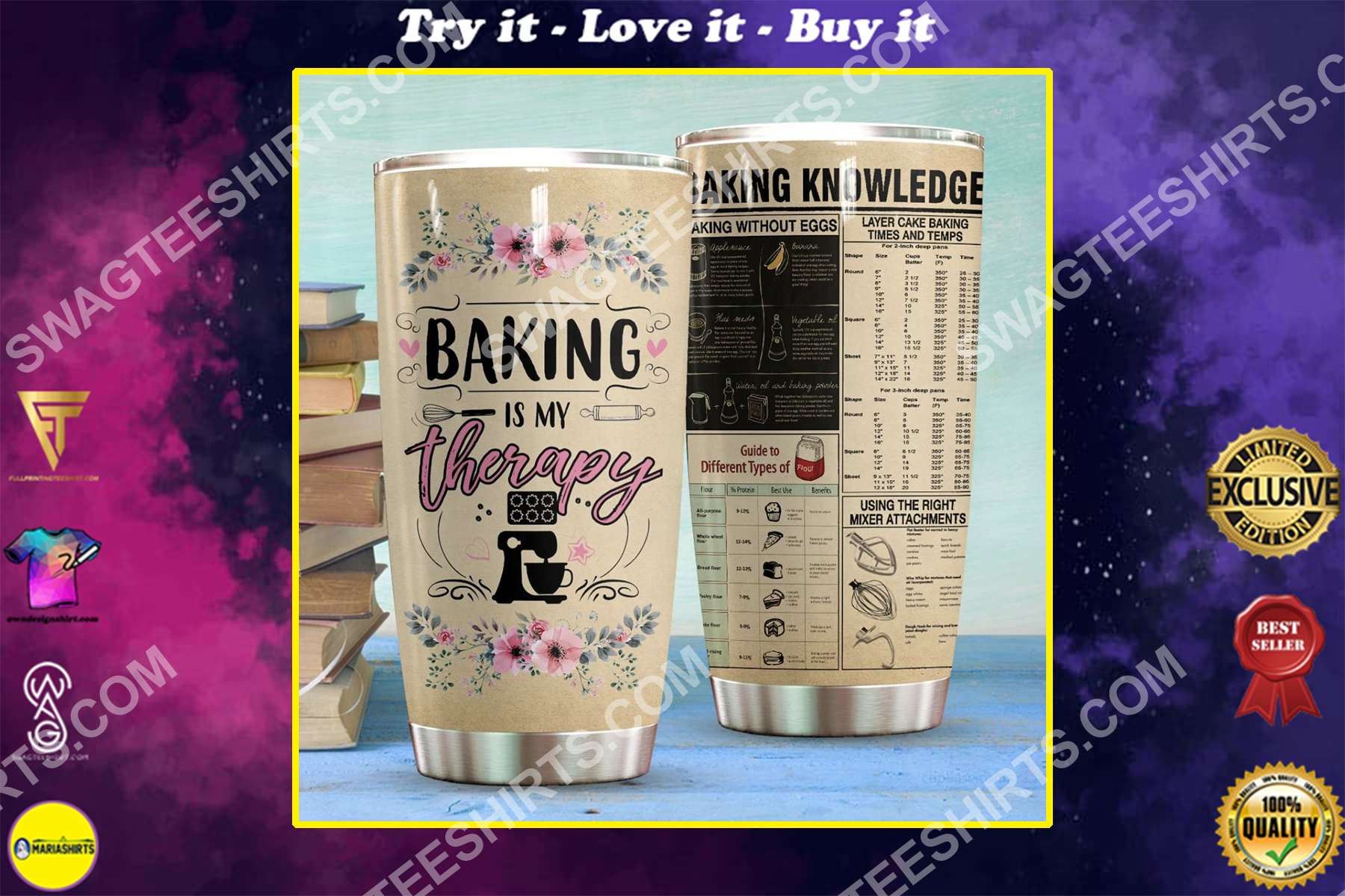 baking knowledge all over printed stainless steel tumbler