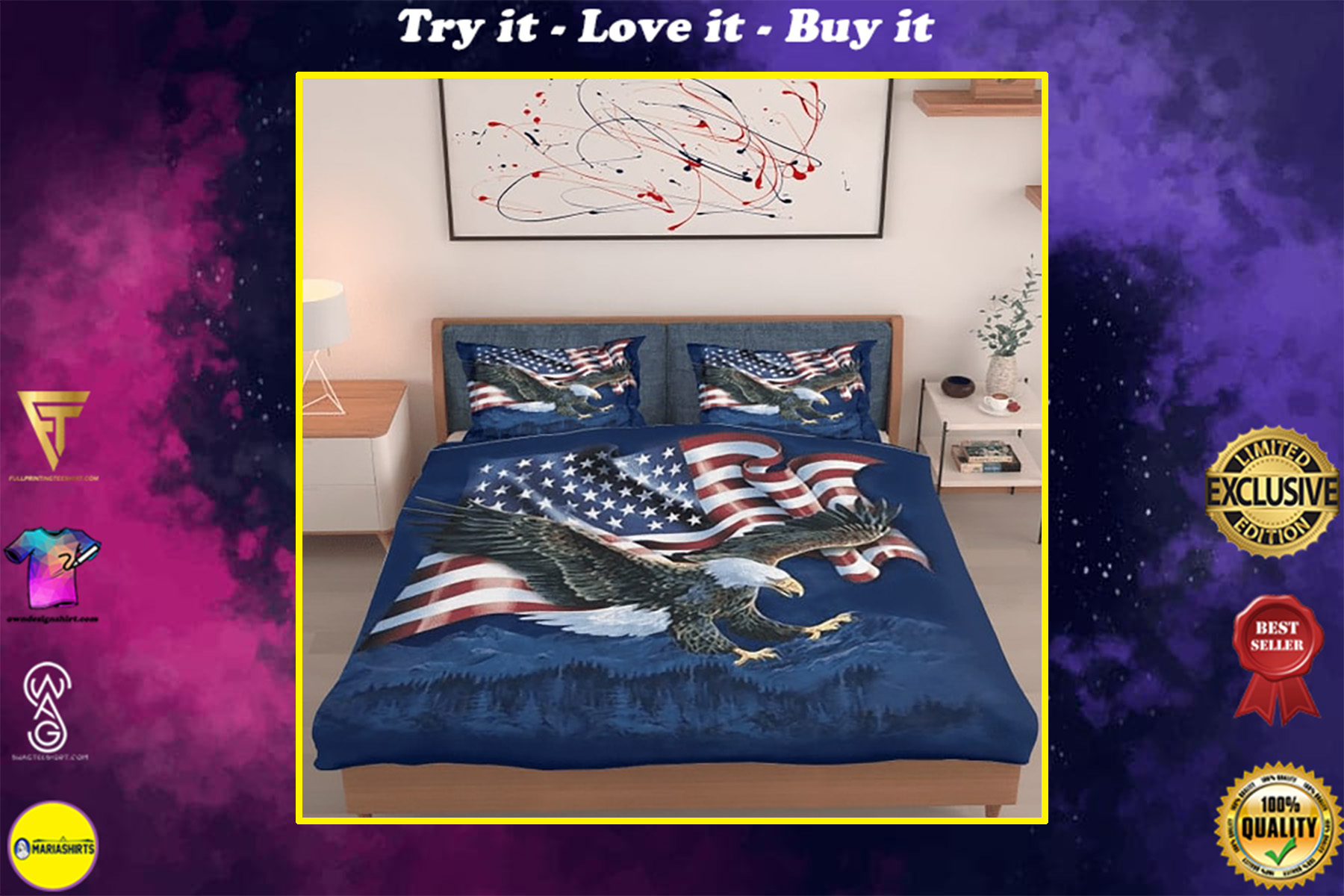 bald eagle american flag all over printed bedding set