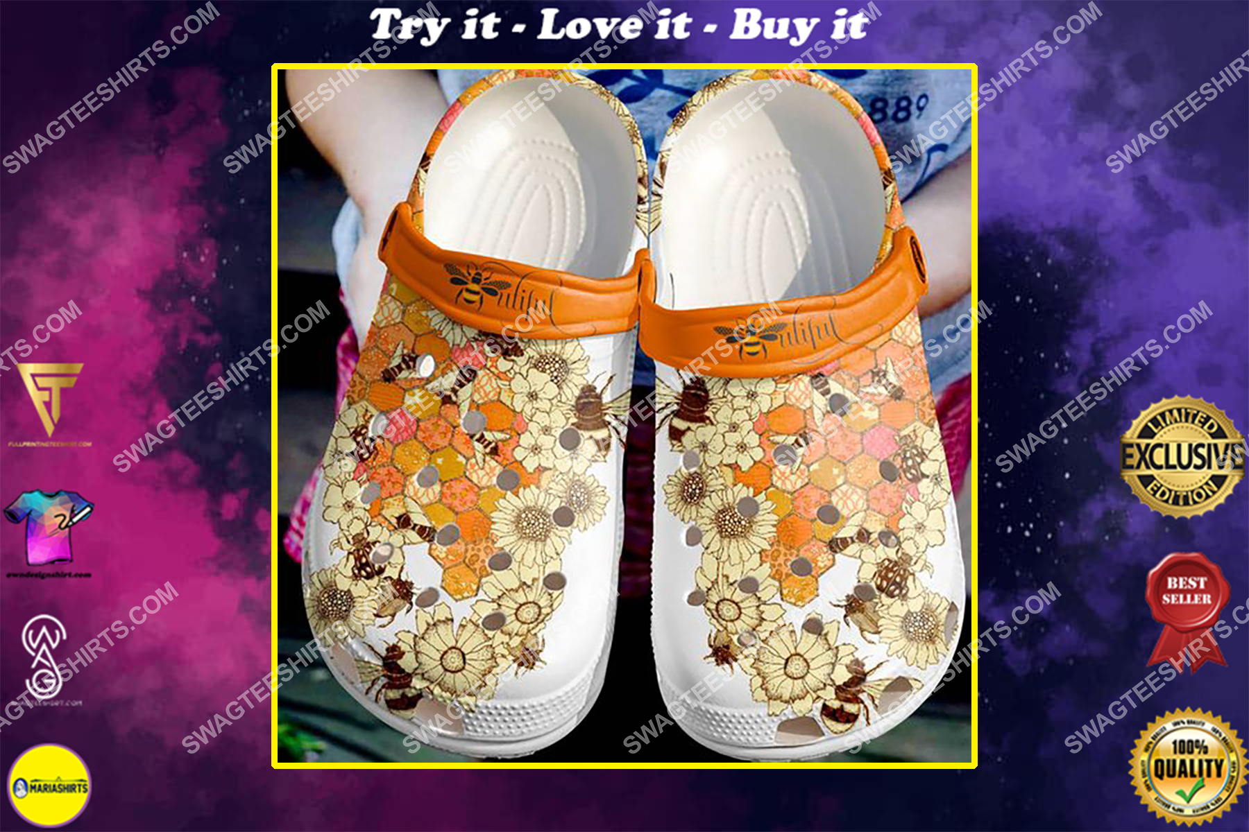 beautiful flower and bee all over printed crocs