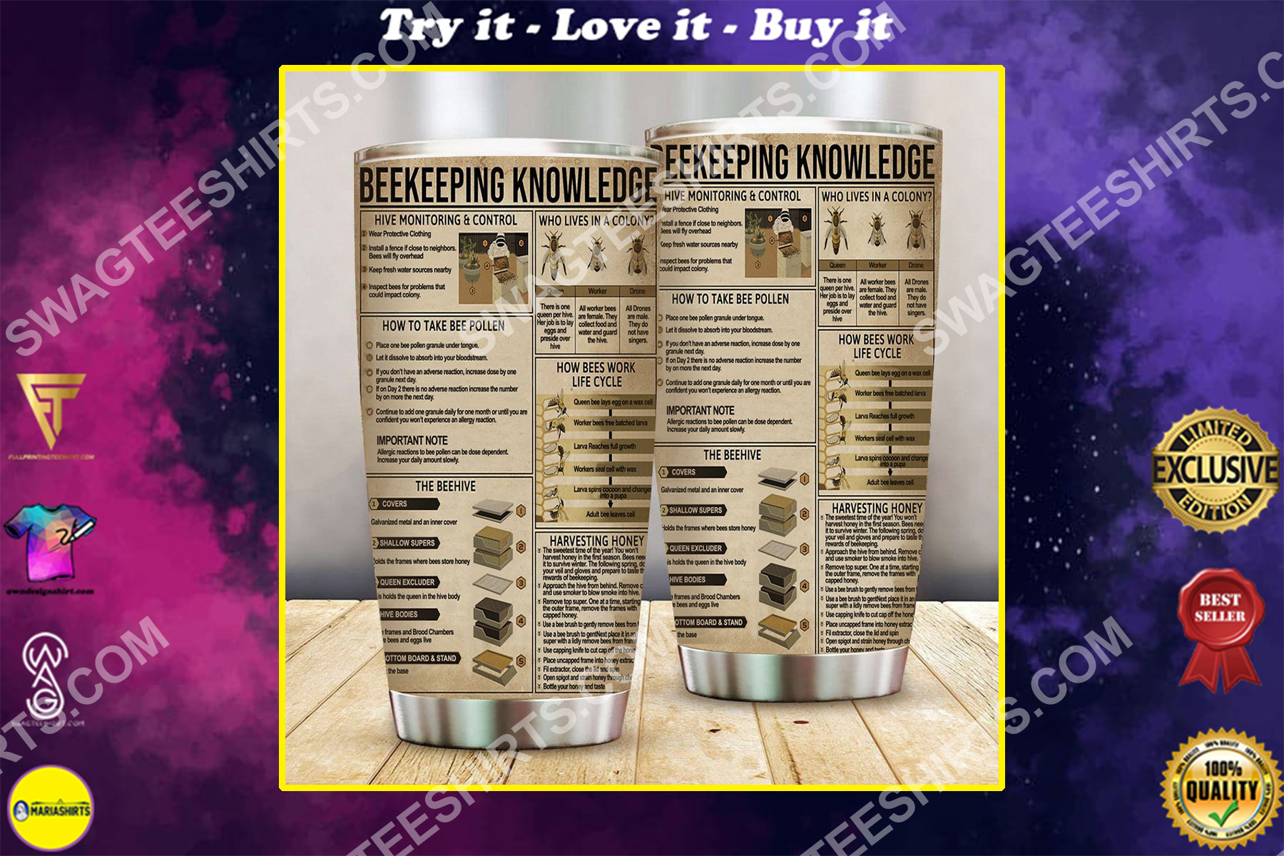 beekeeper knowledge all over printed stainless steel tumbler
