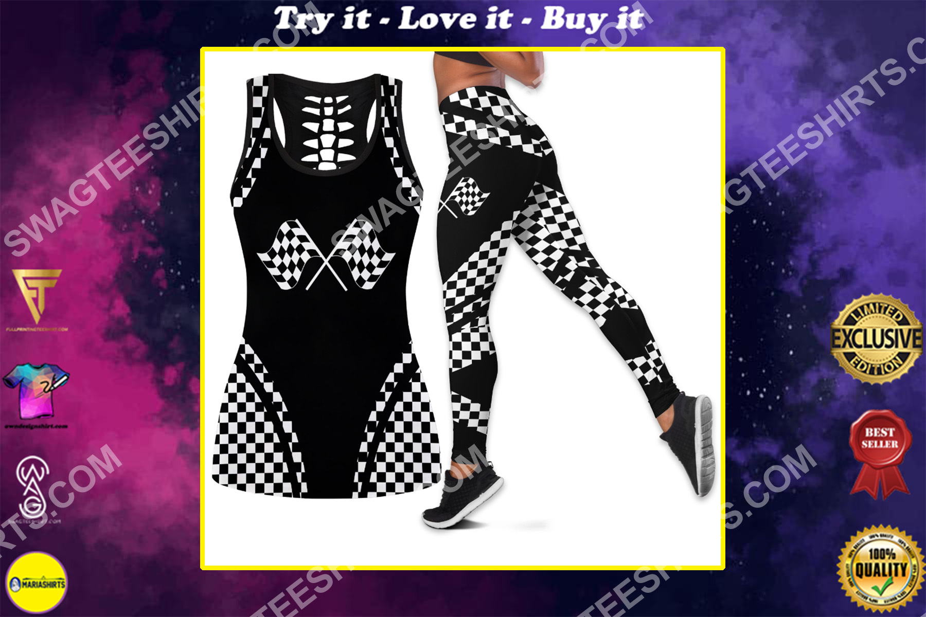black and white racing flag all over printed set sports outfit