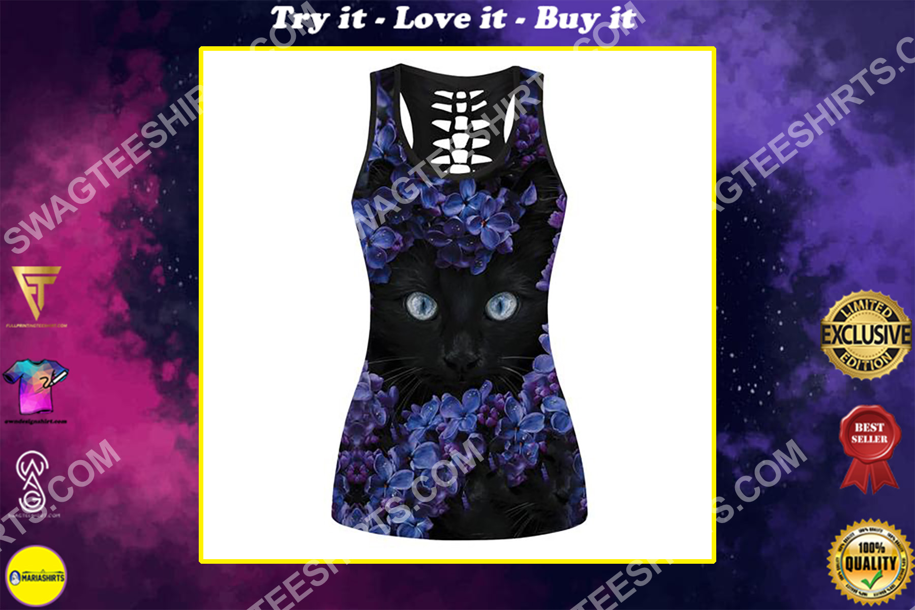 black cat and flowers full printing hollow tank top