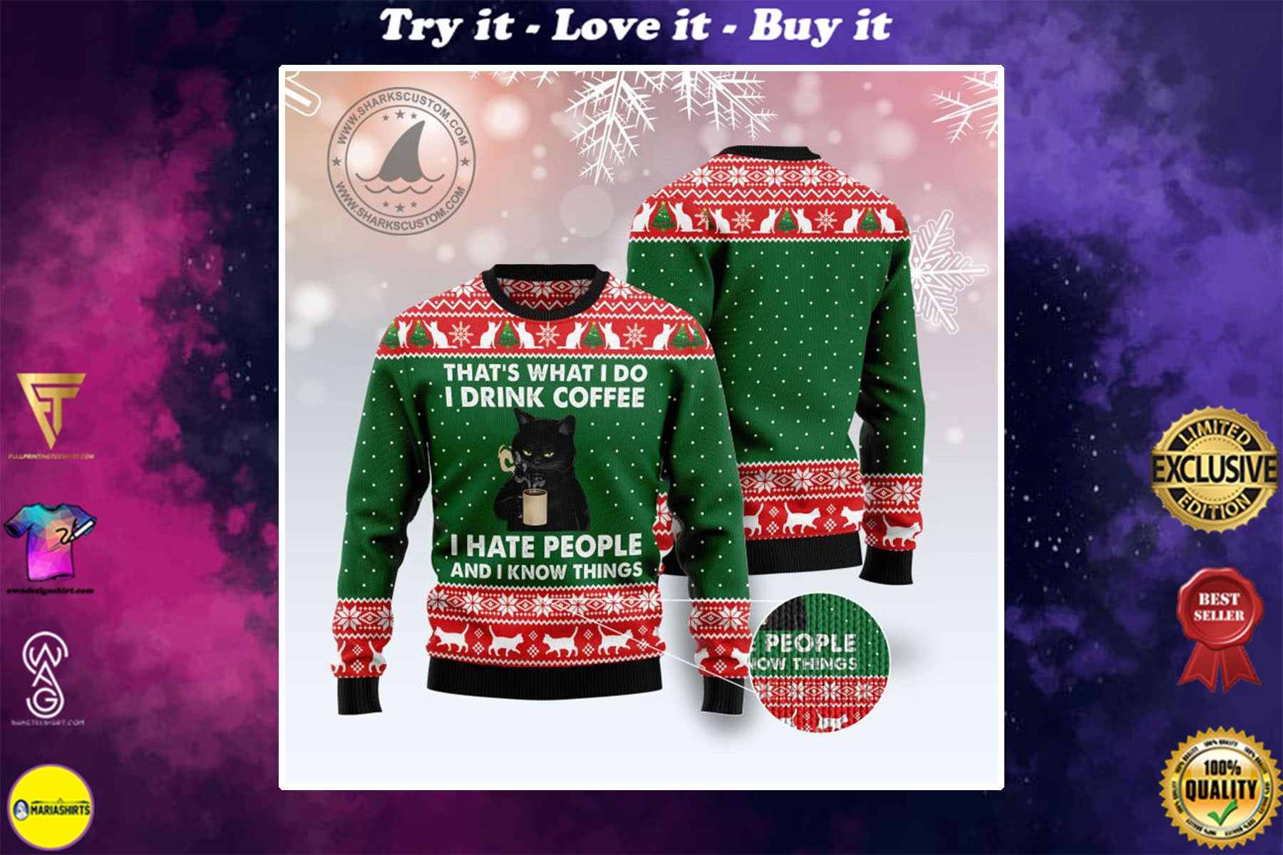 black cat thats what i do i drink coffee i hate people and i know things ugly christmas sweater