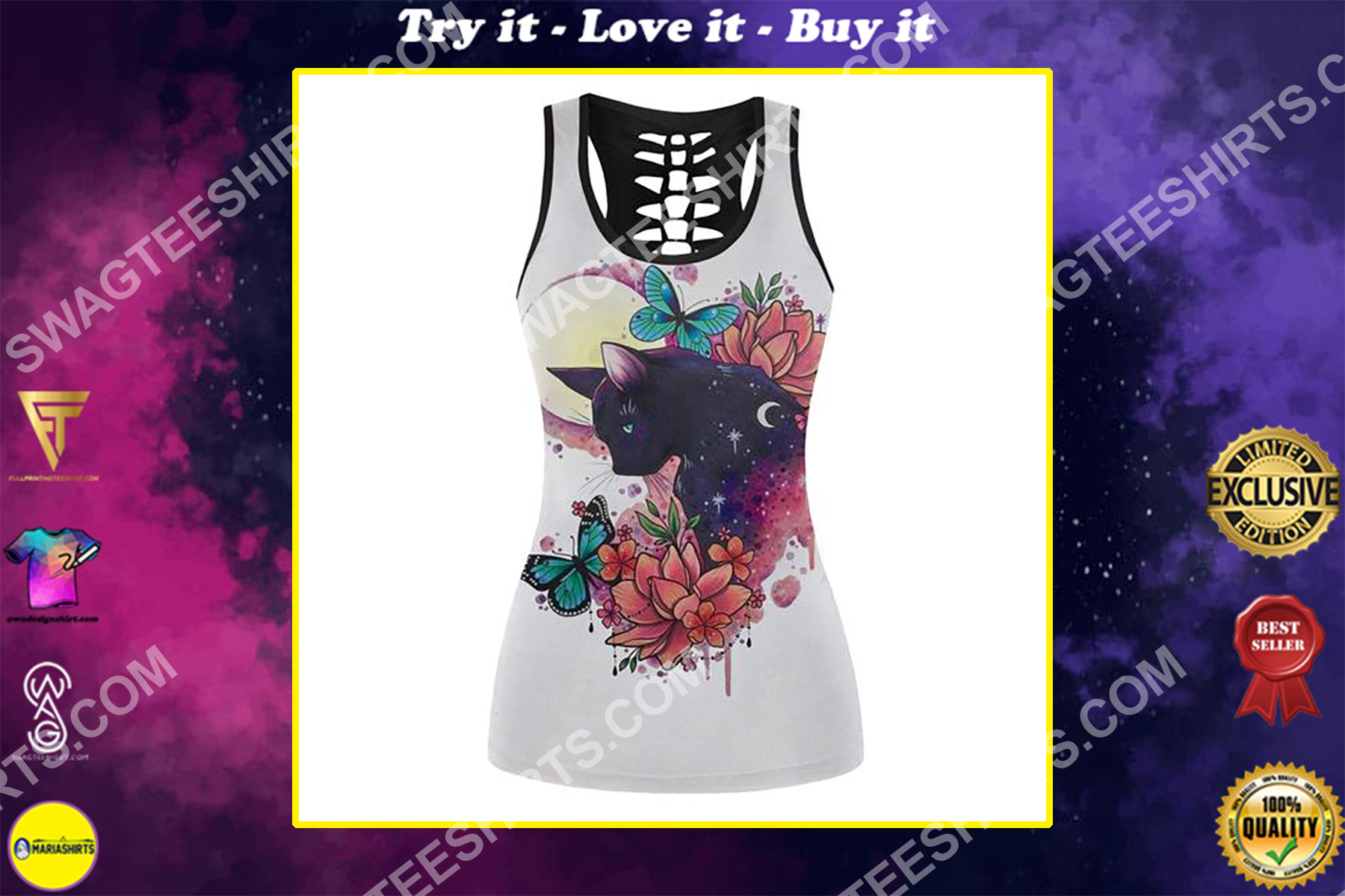 black cat with flower and moon full printing hollow tank top