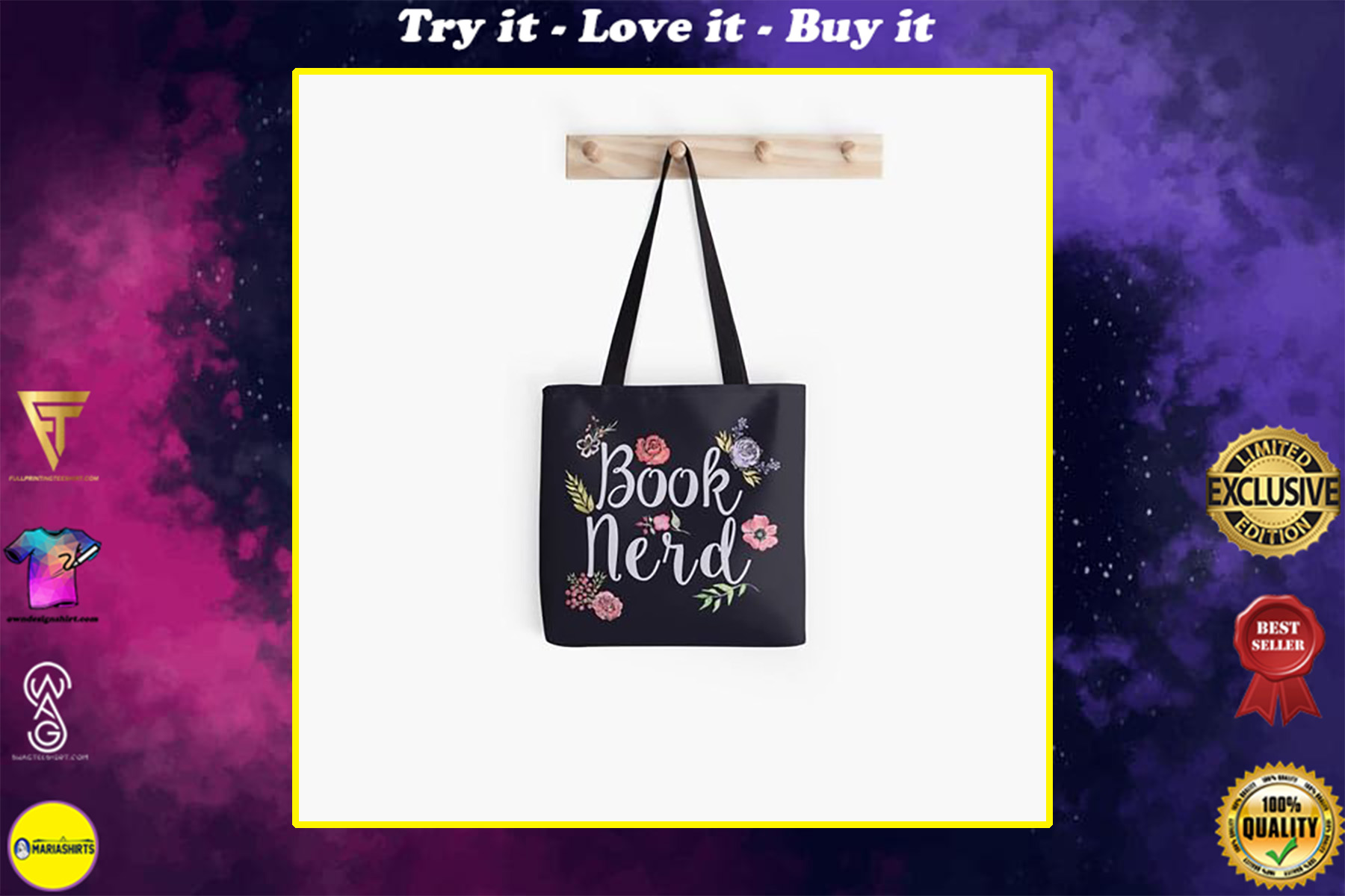 book nerd reverse floral all over printed tote bag