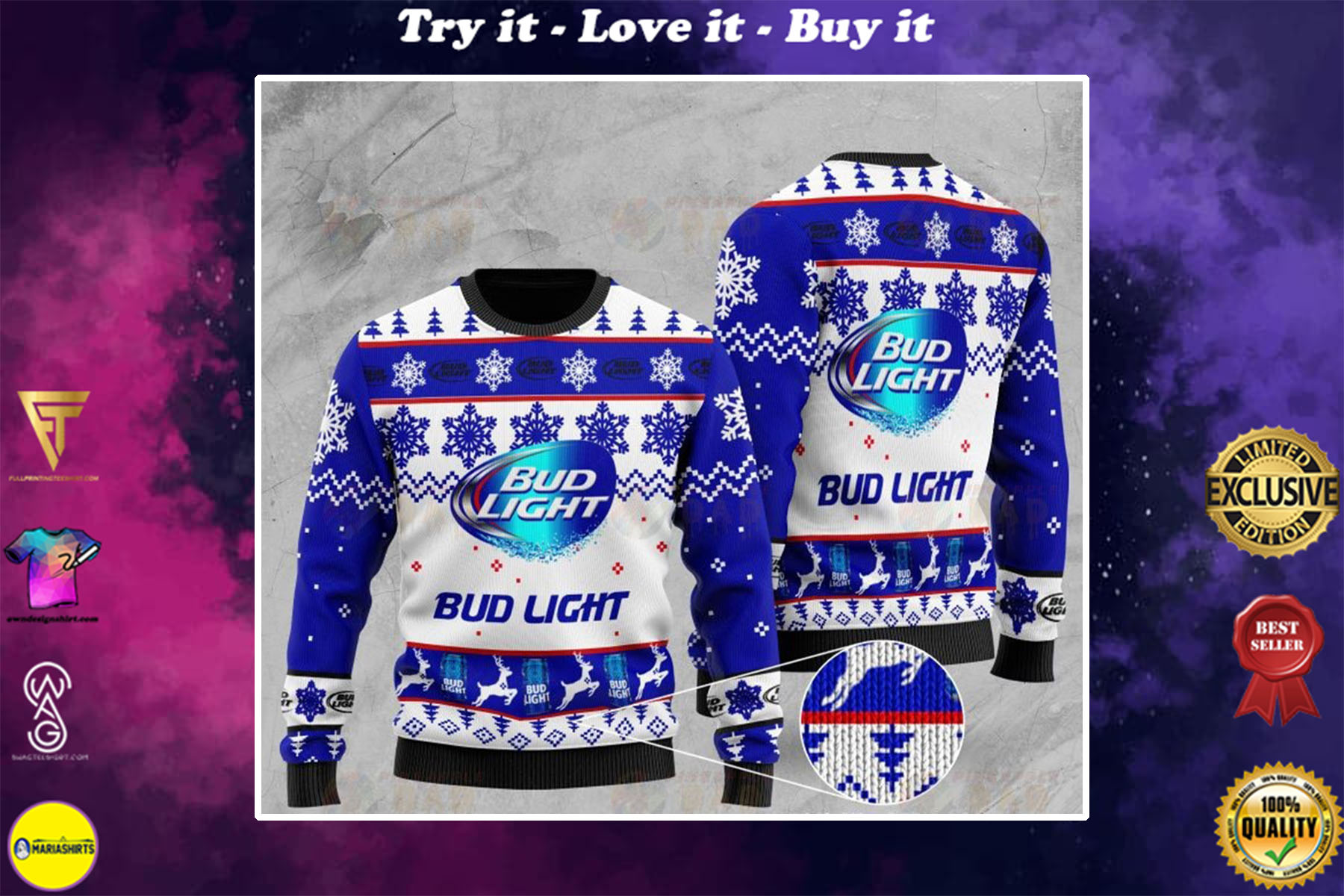 bud light beer deer all over printed ugly christmas sweater