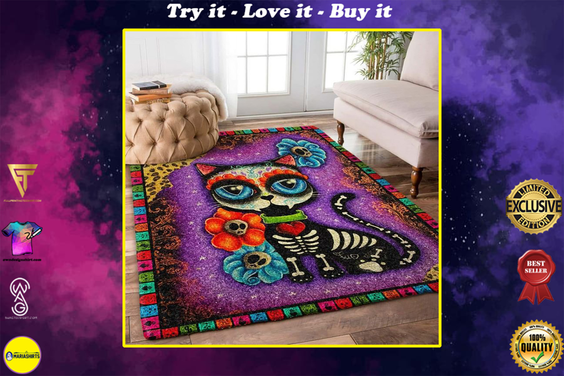cat day of the dead all over printed area rug