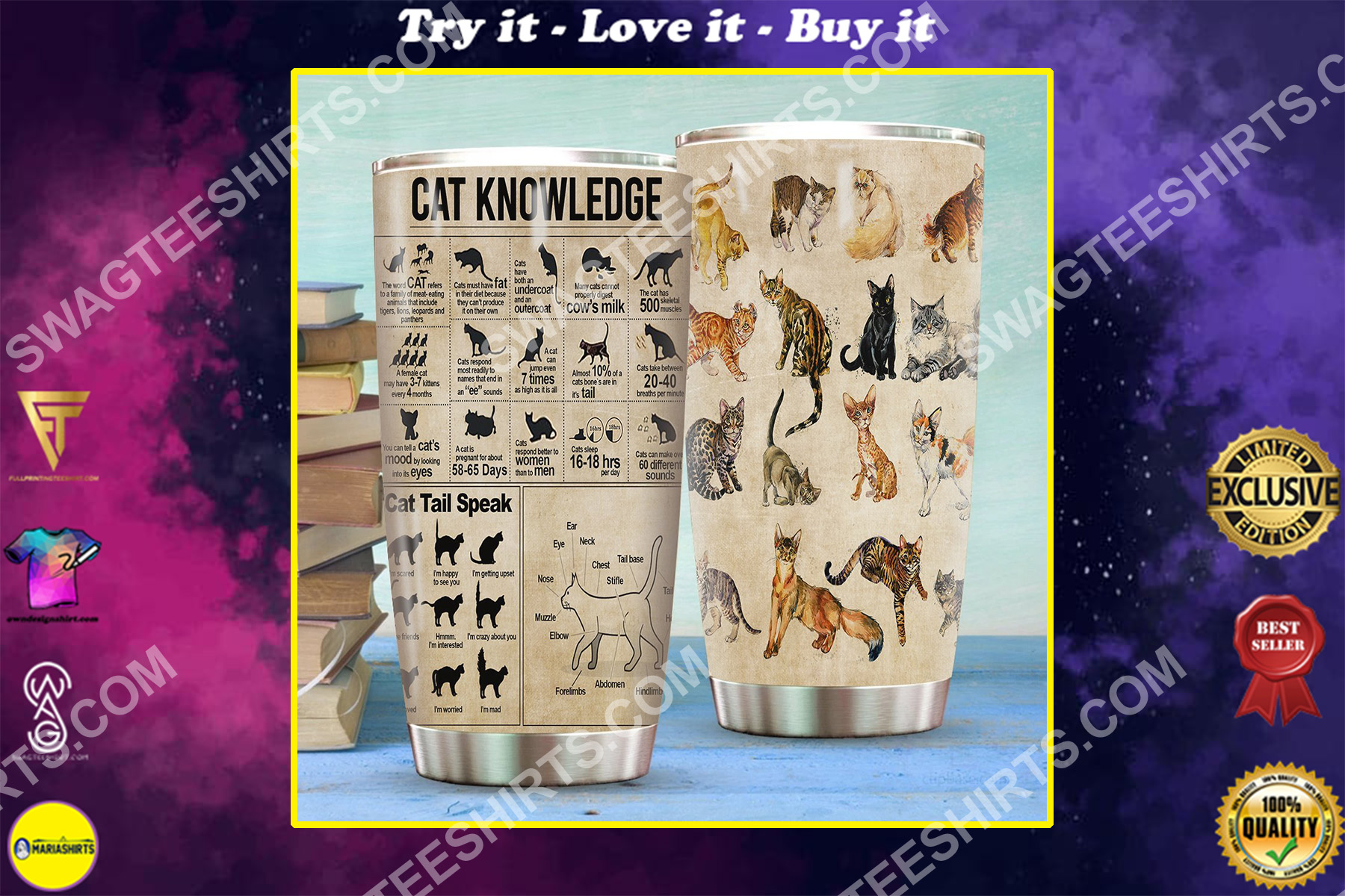 cat knowledge all over printed stainless steel tumbler