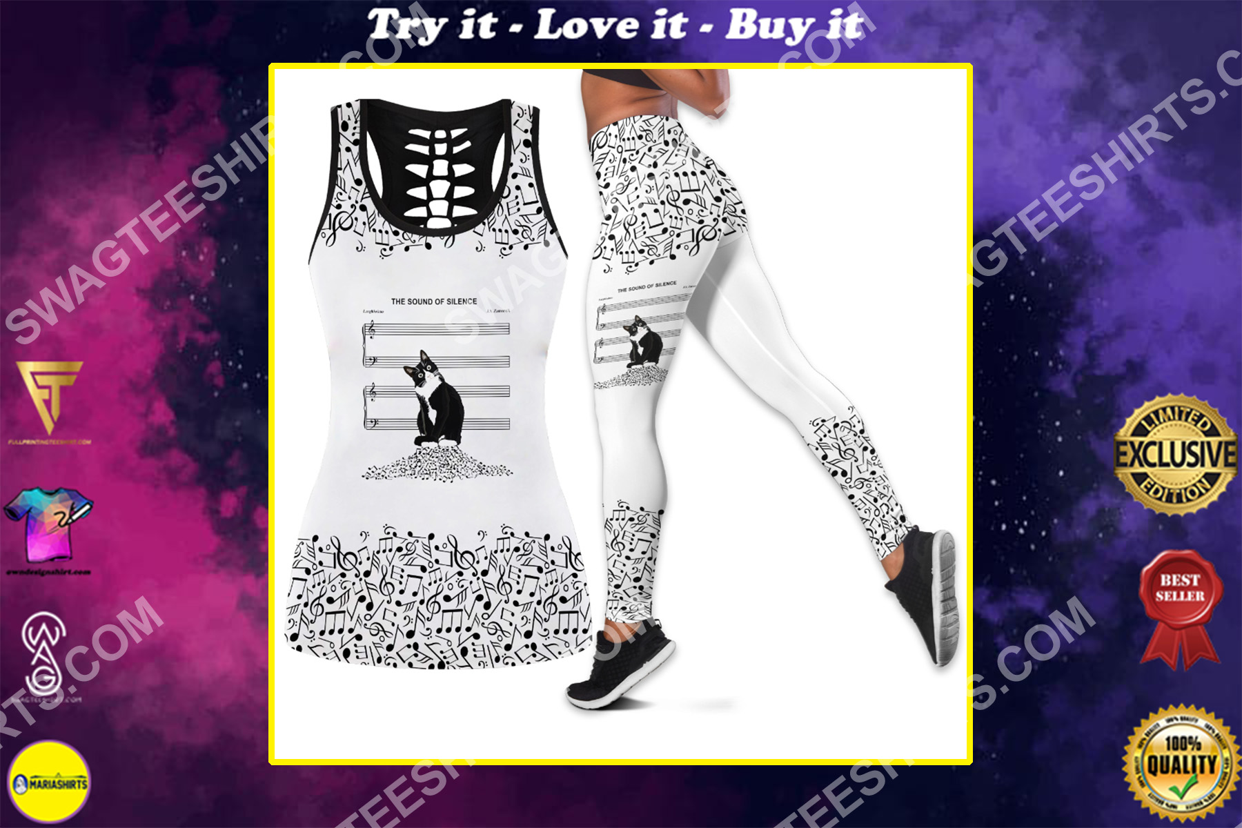 cat lover the sound of silence all over printed set sports outfit