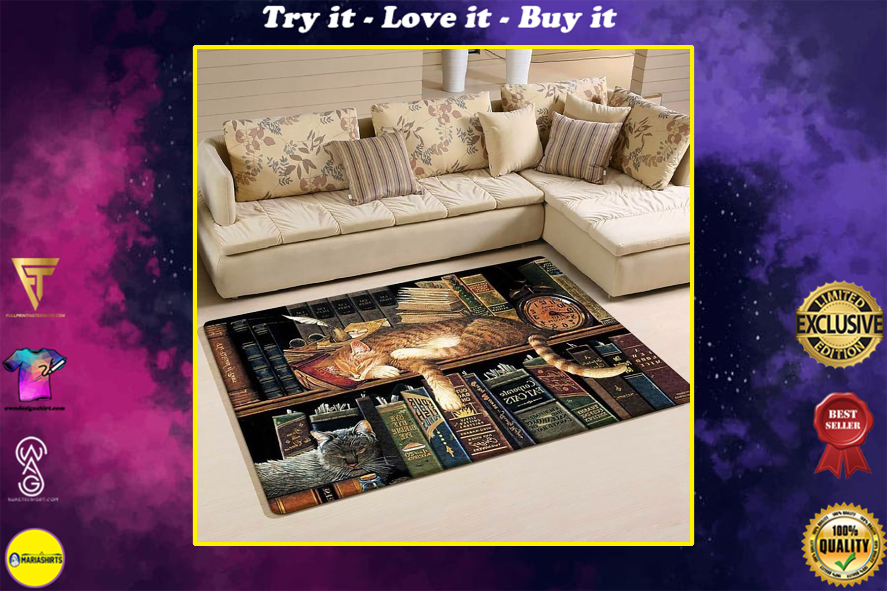 cat lovers vintage cat and books all over printed area rug