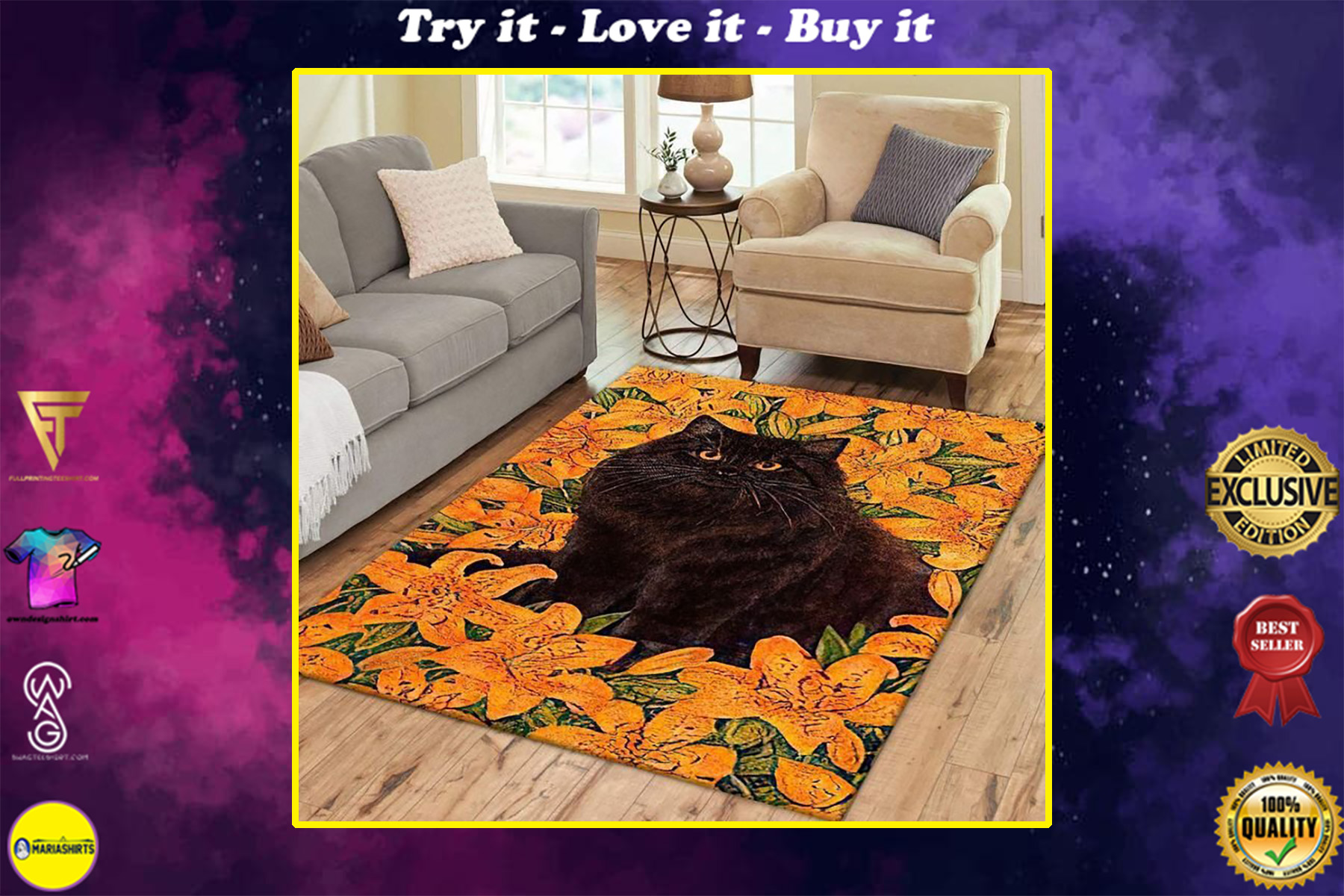 cat lovers vintage cat and flower all over printed area rug
