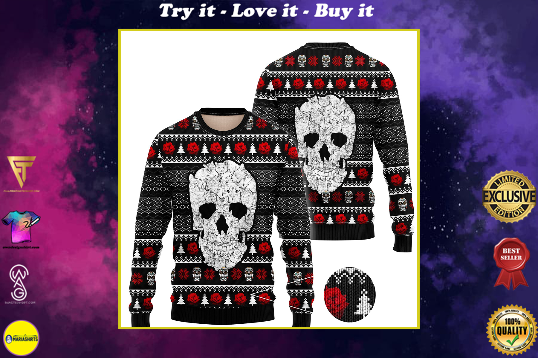 cat skull all over printed ugly christmas sweater