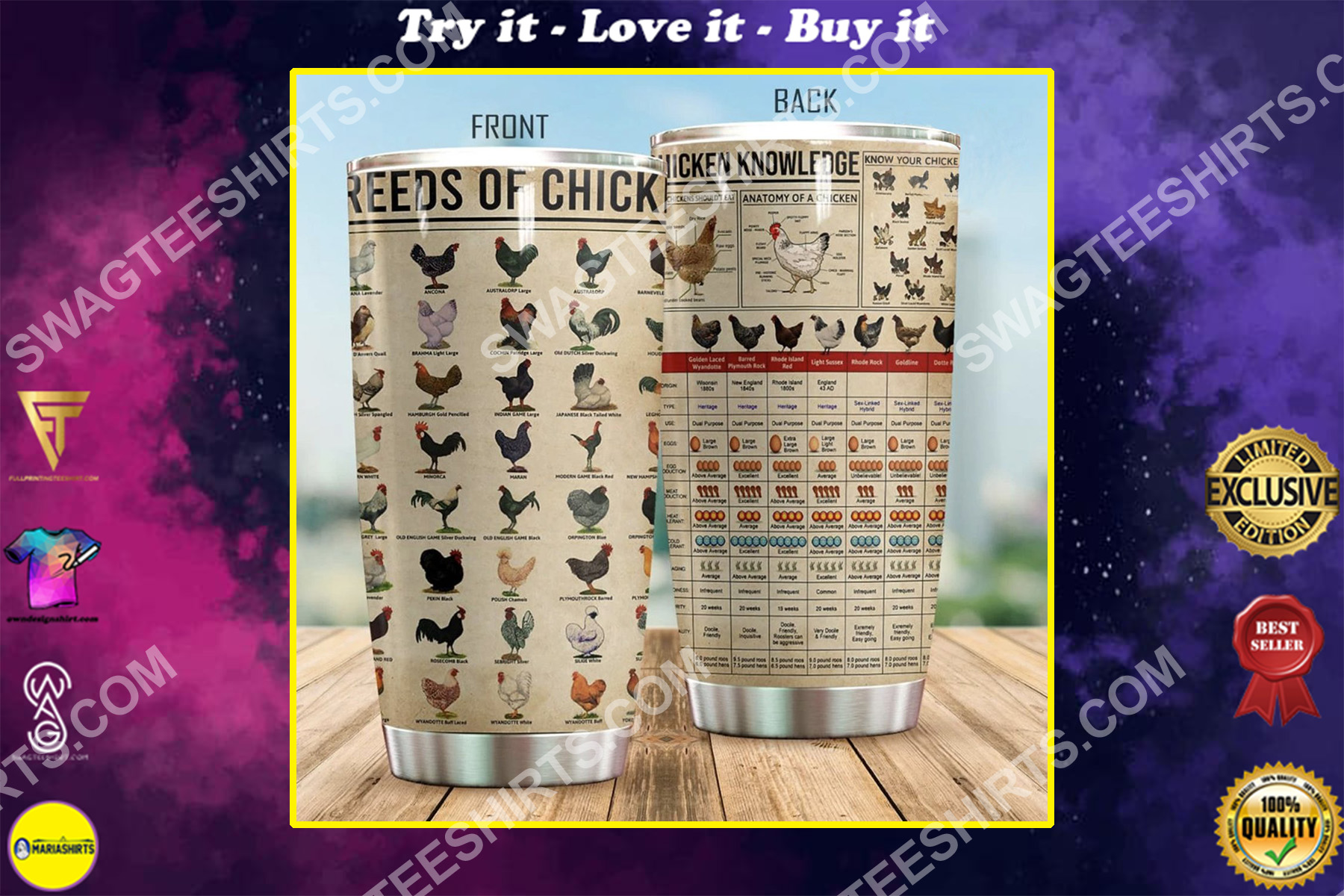 chicken knowledge all over printed stainless steel tumbler