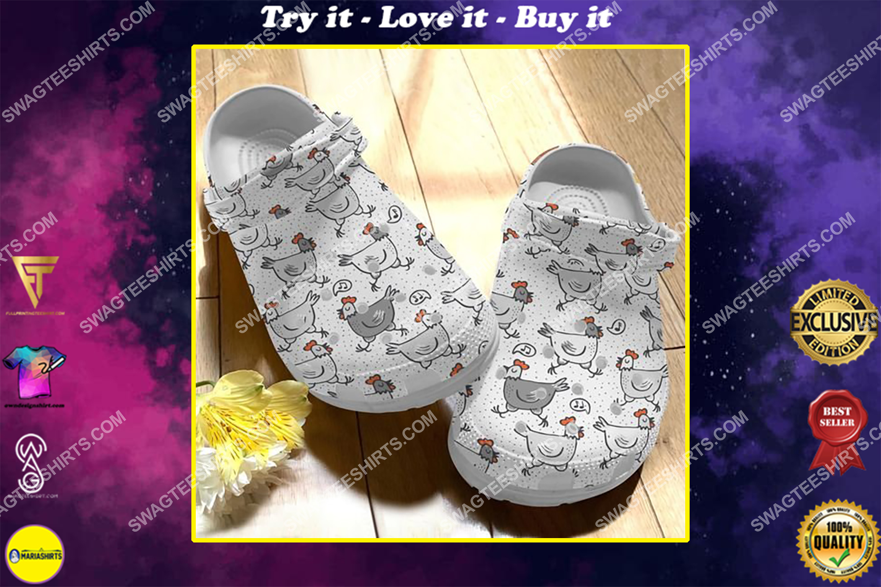 chickens sing a song pattern all over printed crocs