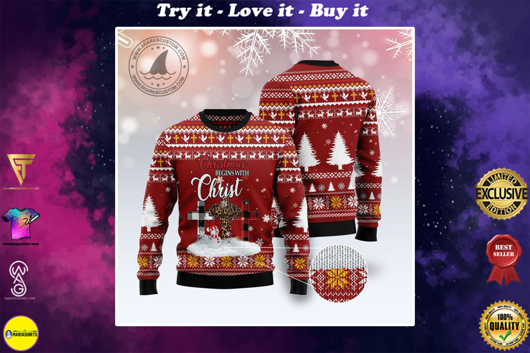 christmas begins with Christ all over printed ugly christmas sweater