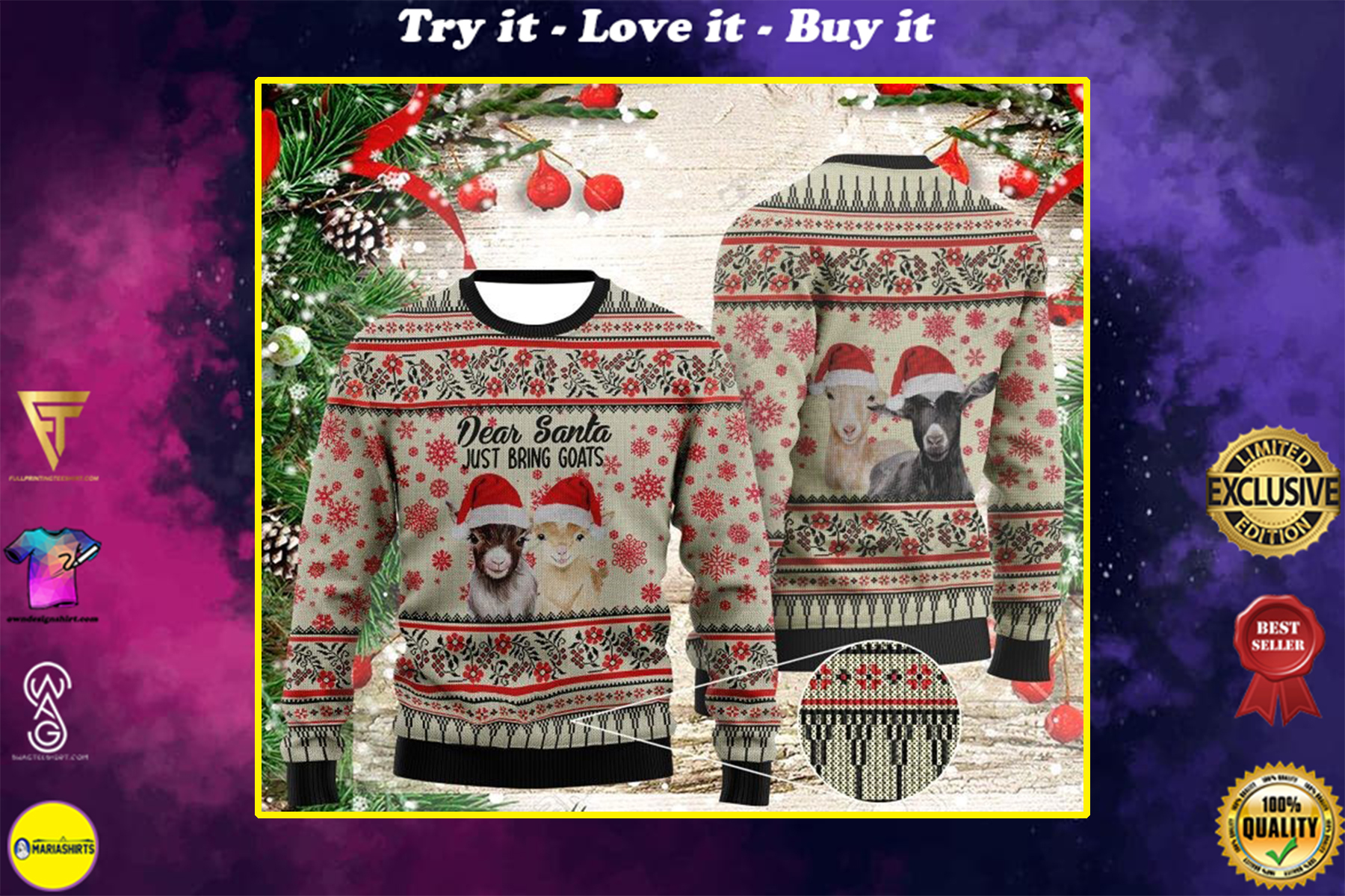 christmas time dear santa just bring goats all over printed ugly christmas sweater
