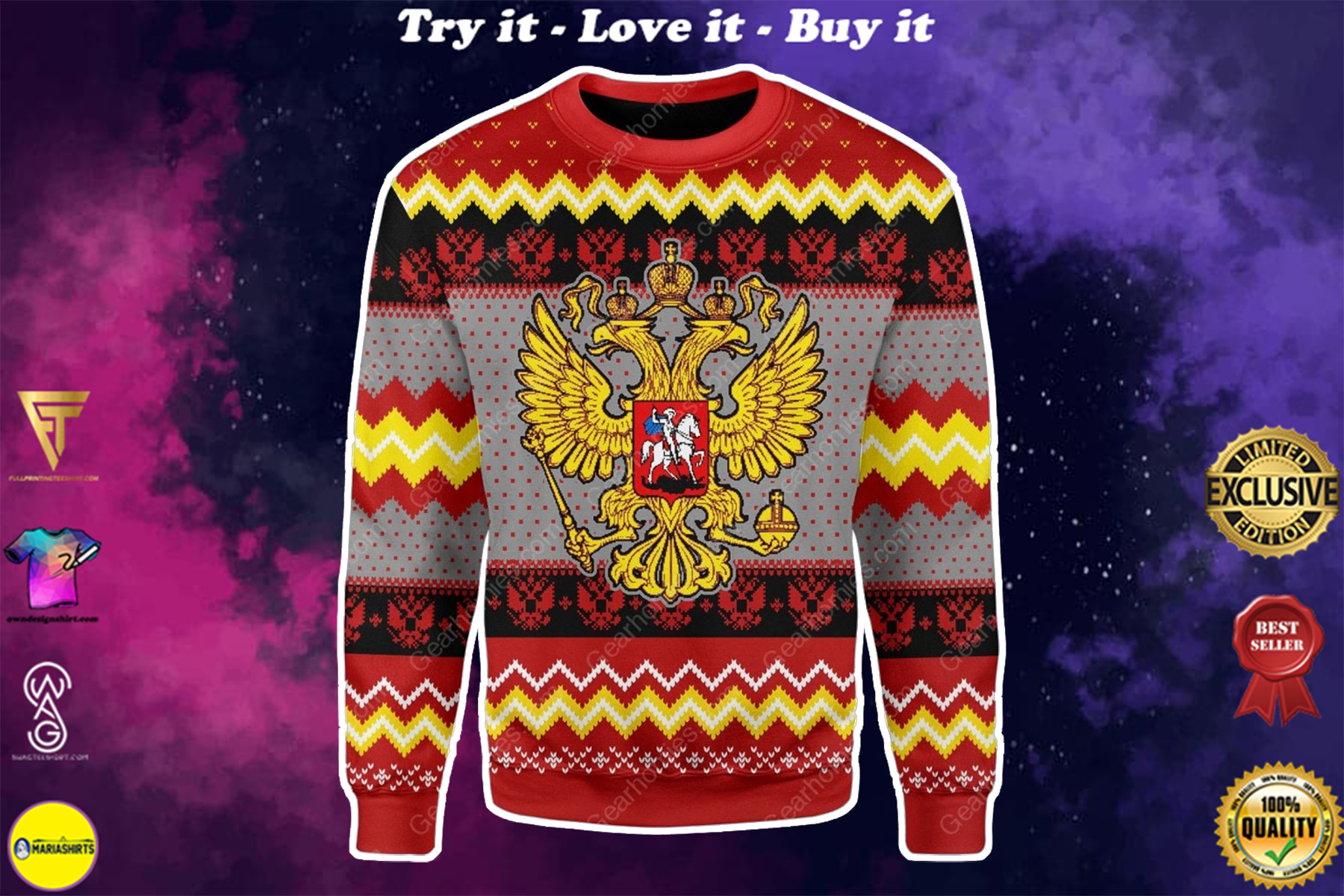 coat of arms of russia all over printed ugly christmas sweater